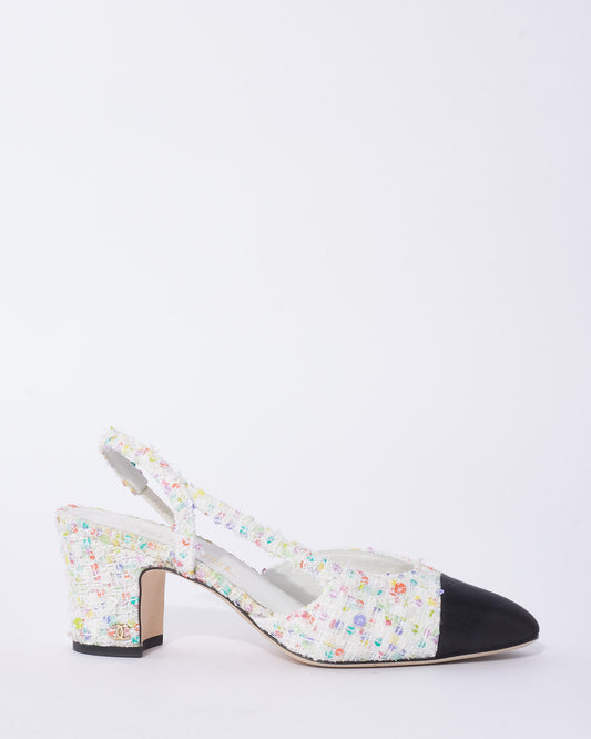 Chanel White 
Multicolor Tweed Sequin Block Heel Slingback Pumps - 38C