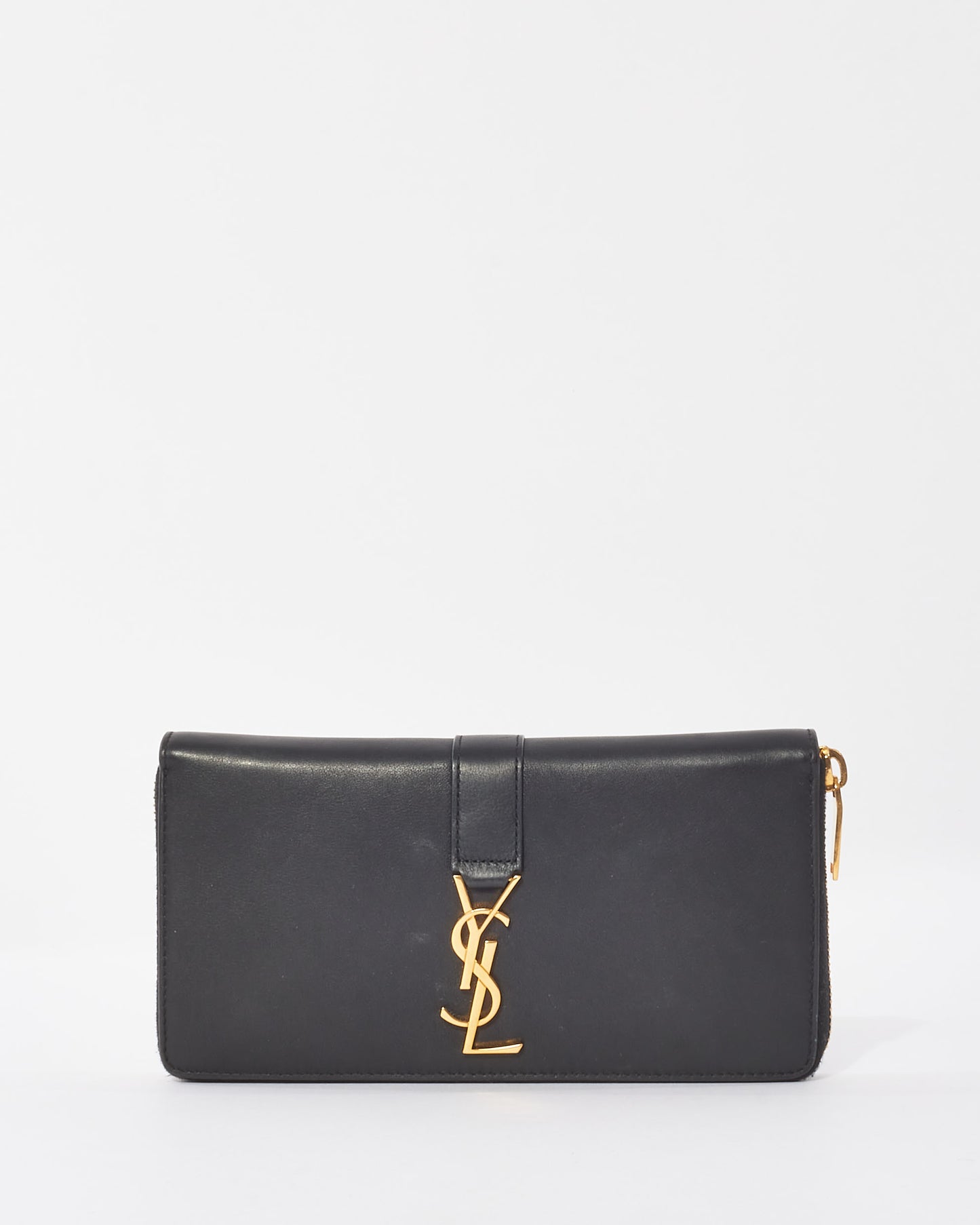 Saint Laurent Black Leather Logo Flap Long Zip Wallet