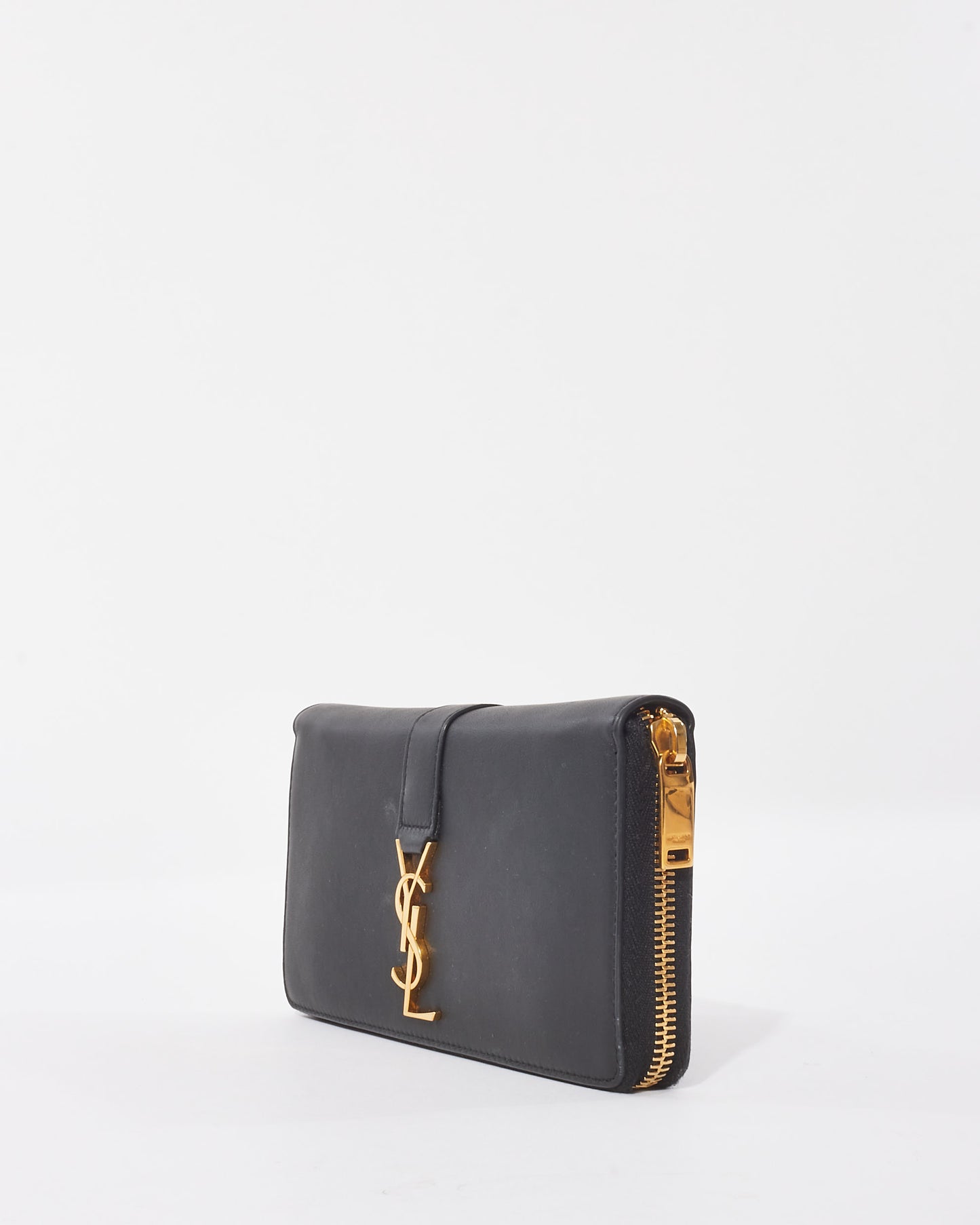 Saint Laurent Black Leather Logo Flap Long Zip Wallet