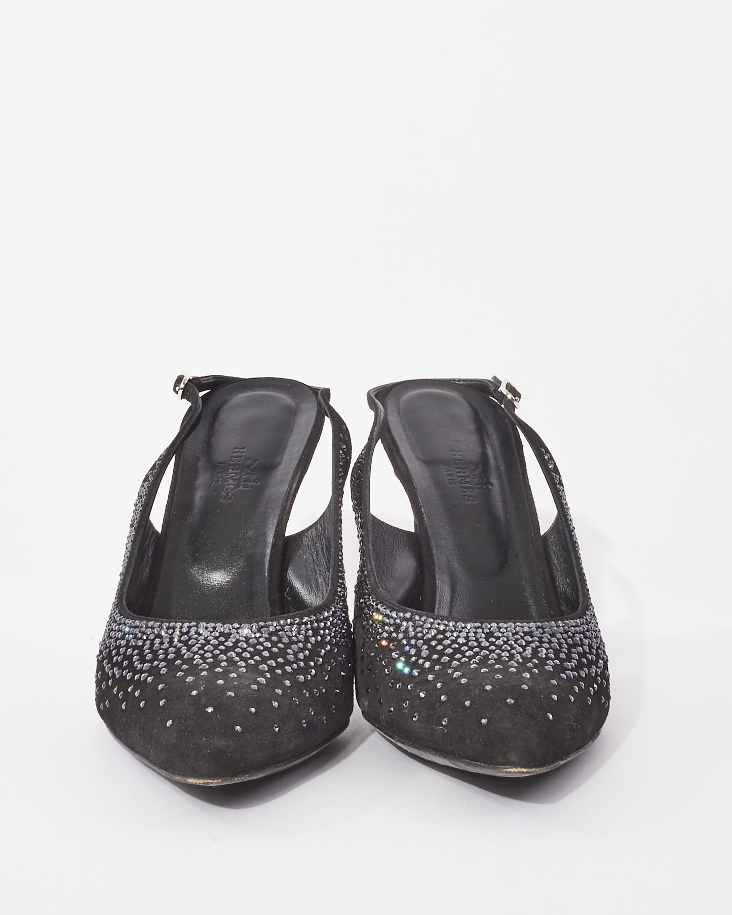 Hermès Black Suede 
Rhinestone Festive 90 mm Pumps - 39