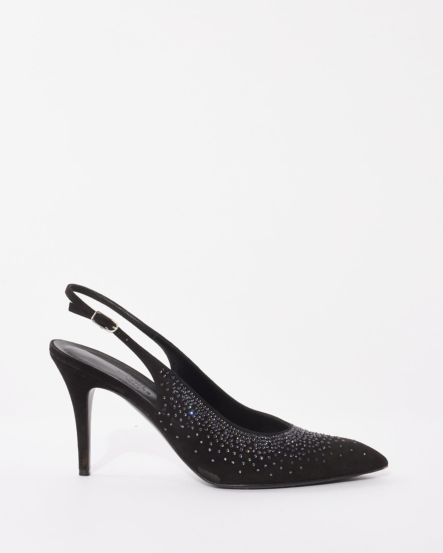 Hermès Black Suede 
Rhinestone Festive 90 mm Pumps - 39