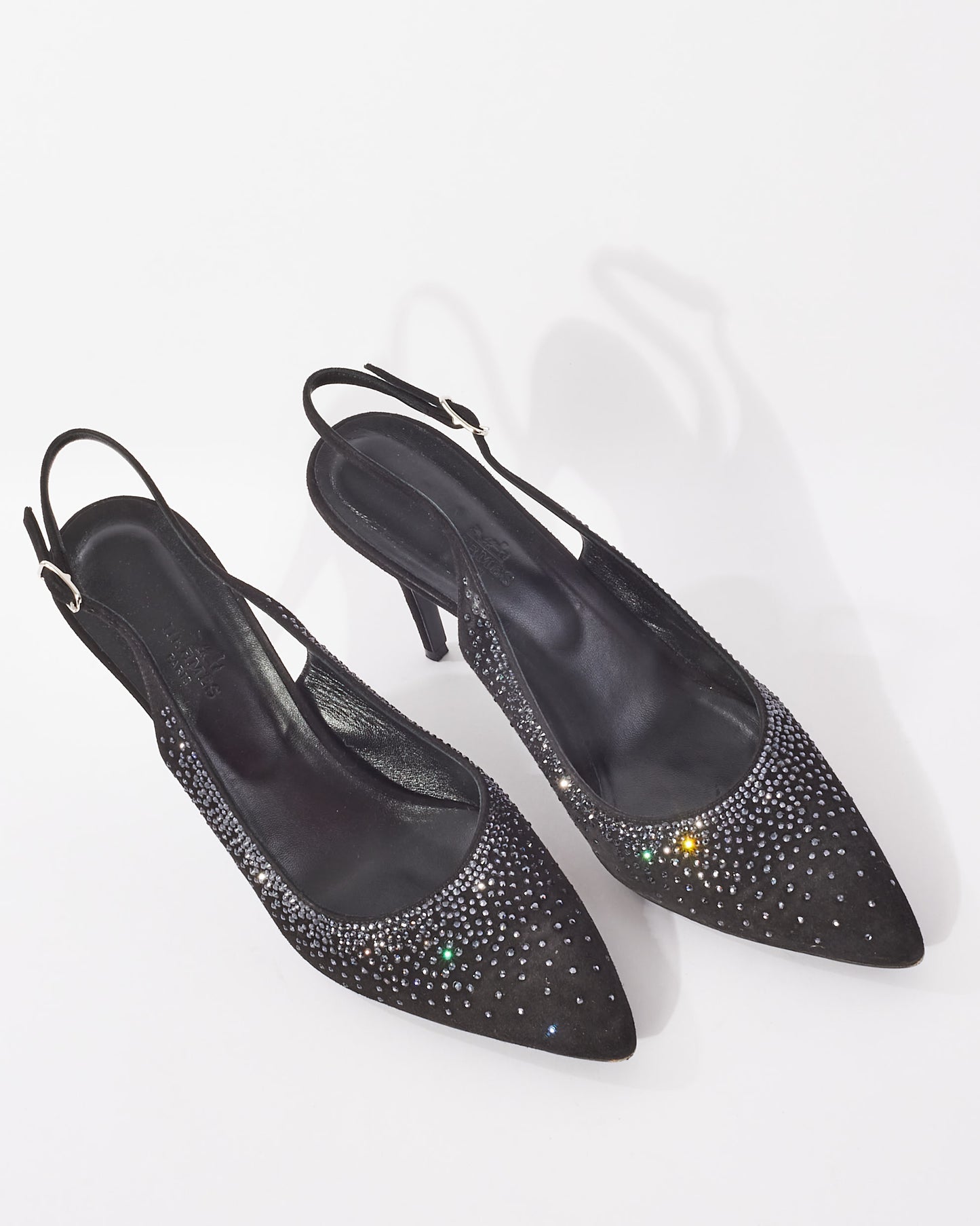 Hermès Black Suede 
Rhinestone Festive 90 mm Pumps - 39