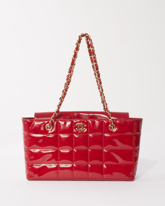 Chanel Vintage Red Patent Leather "Chocolate Bar" Tote Bag