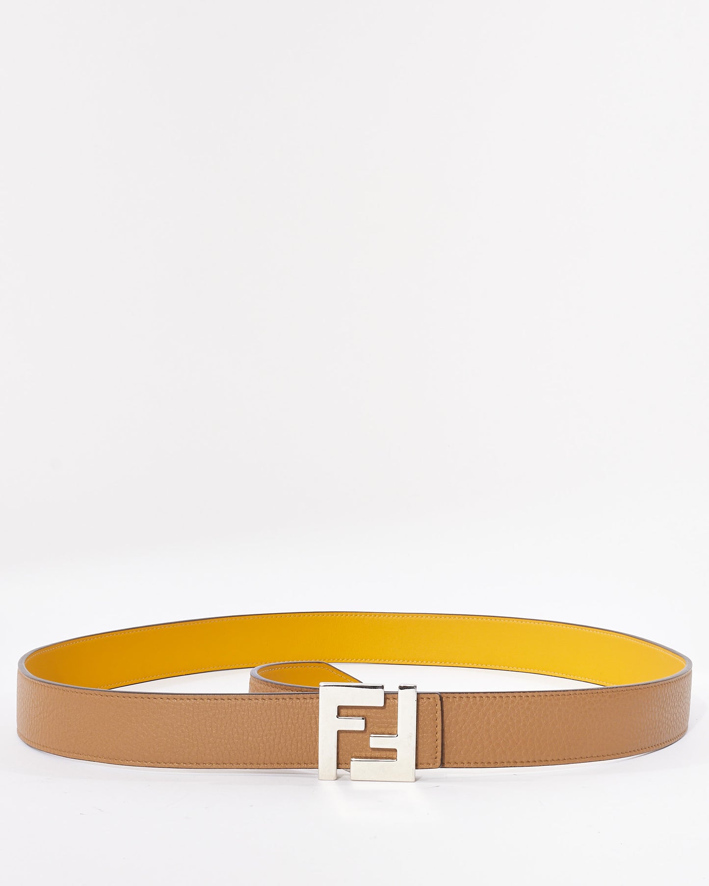 Fendi Brown/ Yellow Reversible Silver Logo Belt - 100