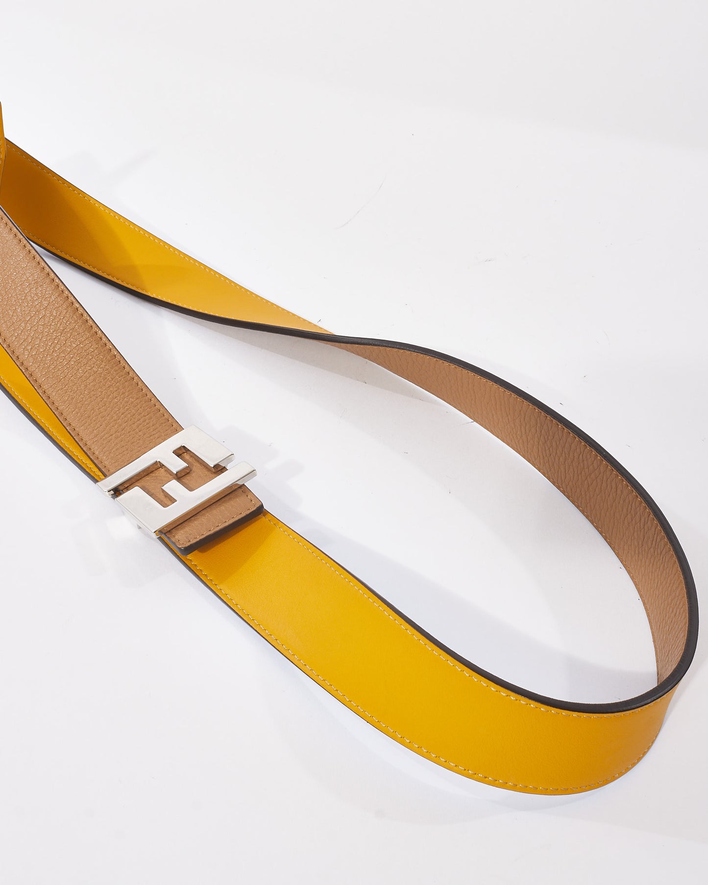 Fendi Brown/ Yellow Reversible Silver Logo Belt - 100