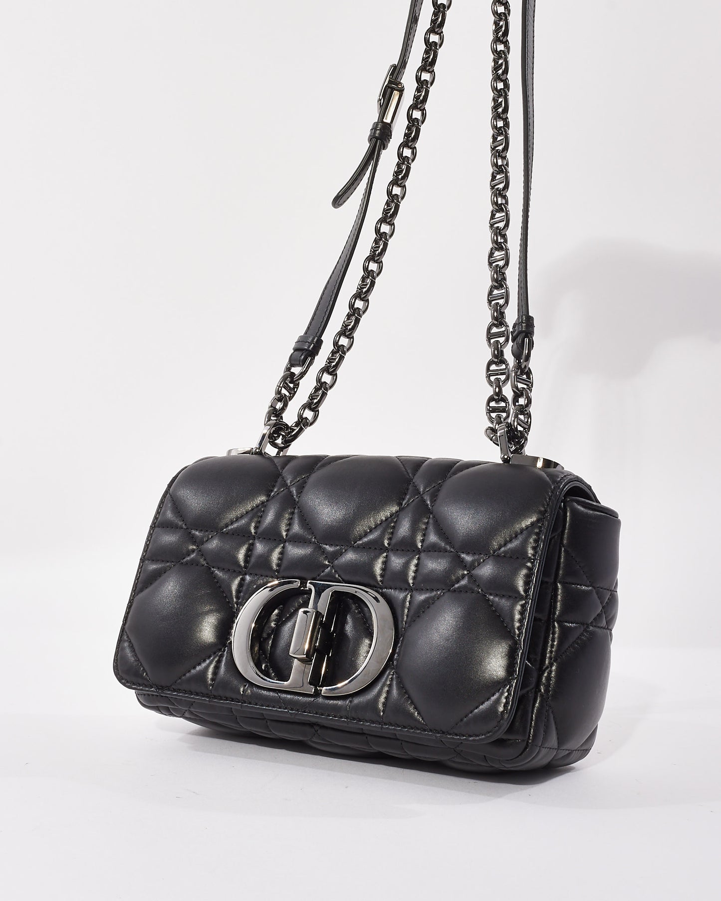 Dior Black Calfskin Leather Macrocannage Small Caro Bag