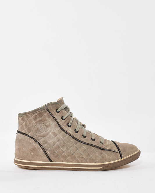 Chanel Grey Suede Quilted Logo High Top Sneakers - 41