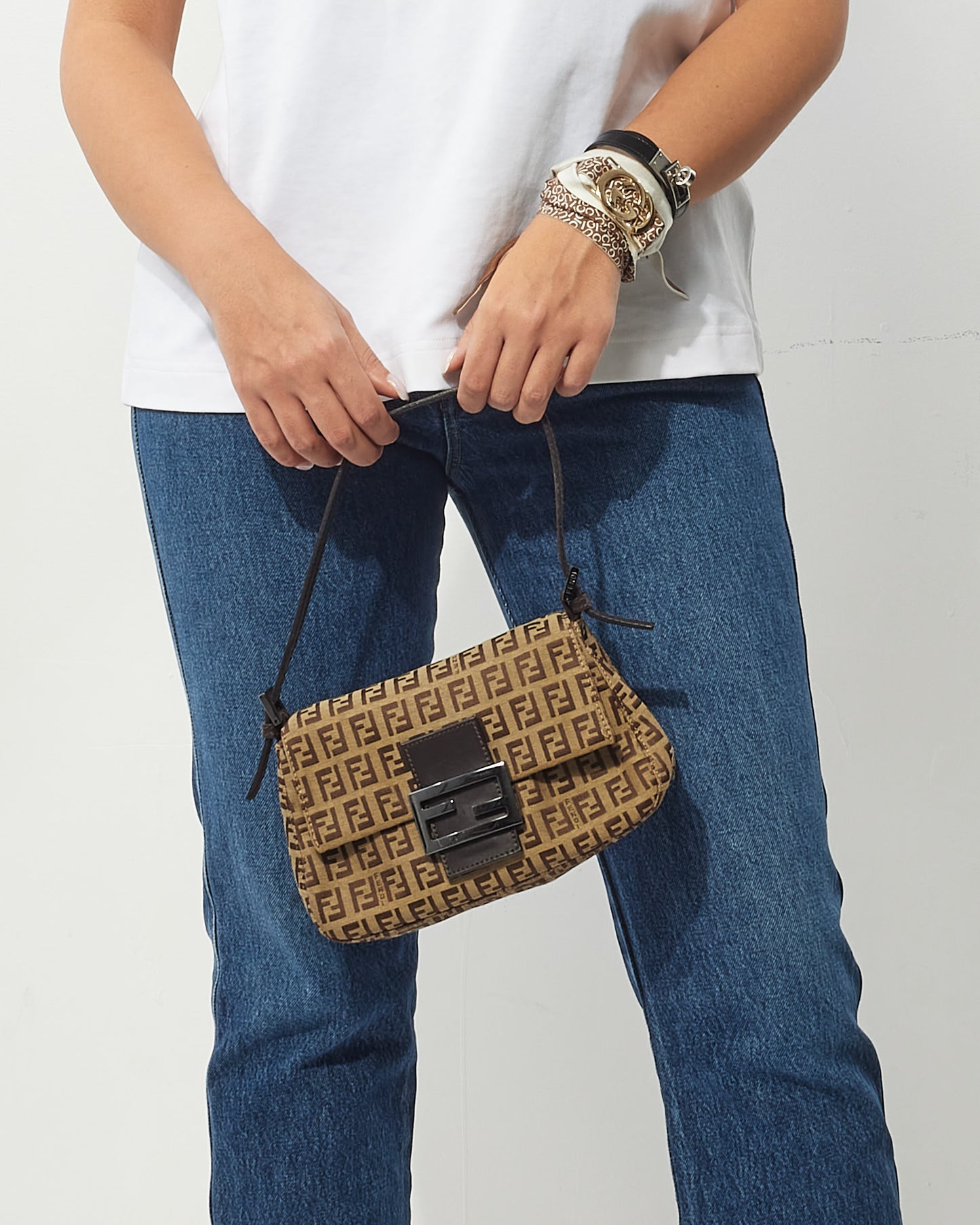 Fendi Brown Zucchino Canvas Mini Baguette Shoulder Bag