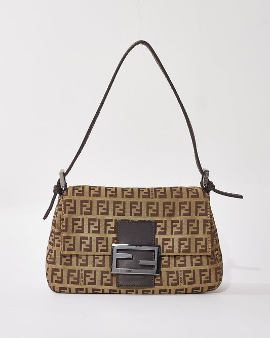 Fendi Brown Zucchino Canvas Mini Baguette Shoulder Bag