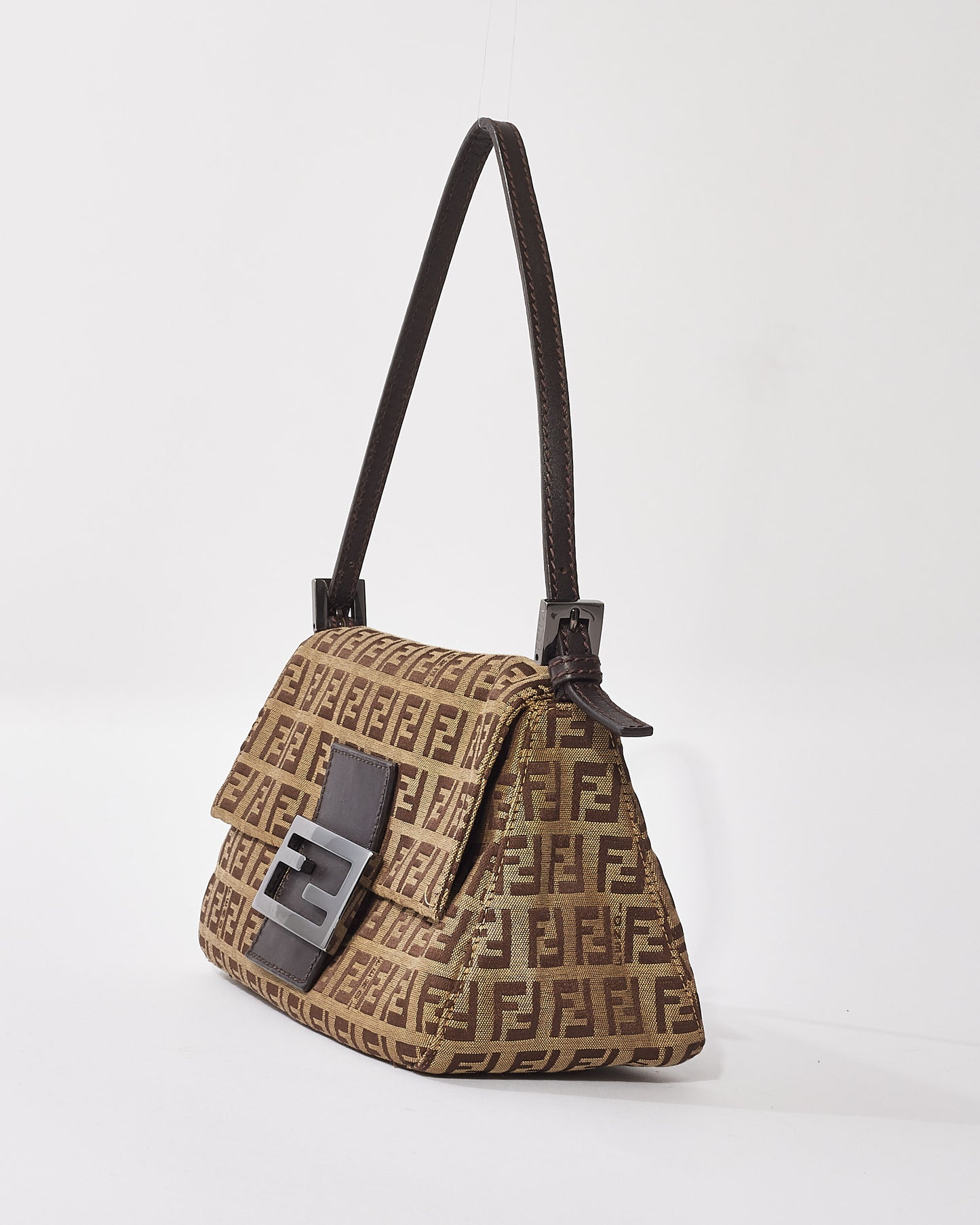 Fendi Brown Zucchino Canvas Mini Baguette Shoulder Bag