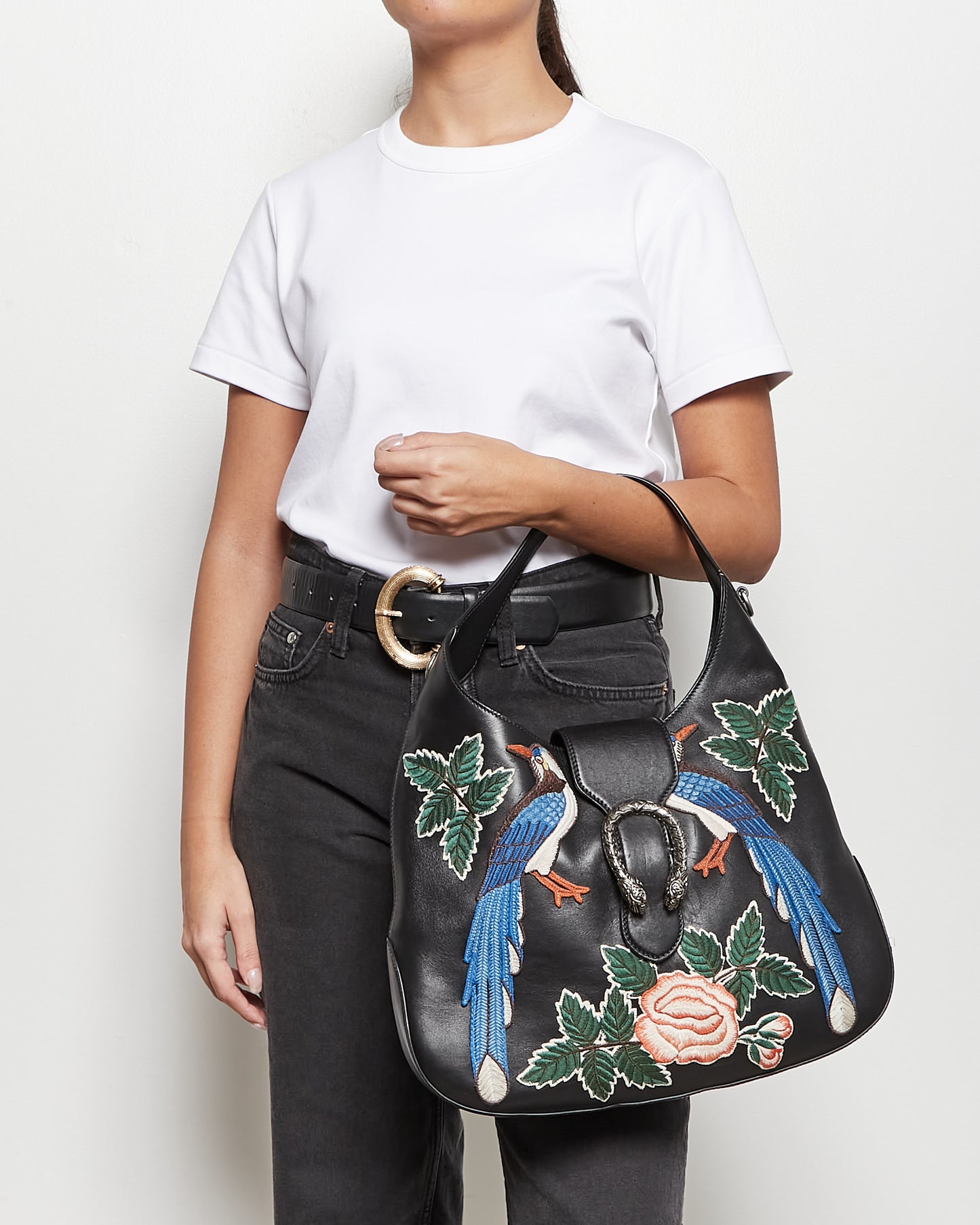 Gucci Black Leather Medium Dionysus Hobo Bag with Embroidery