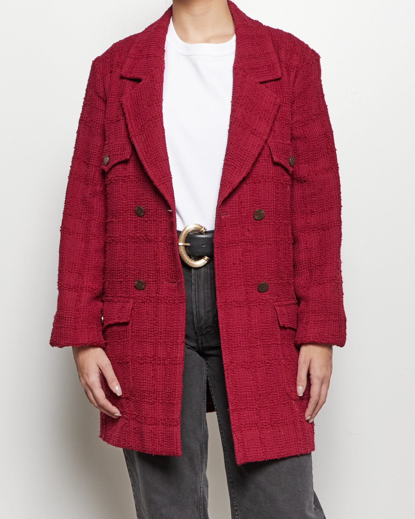 Chanel Raspberry Red Tweed Long Blazer - 38