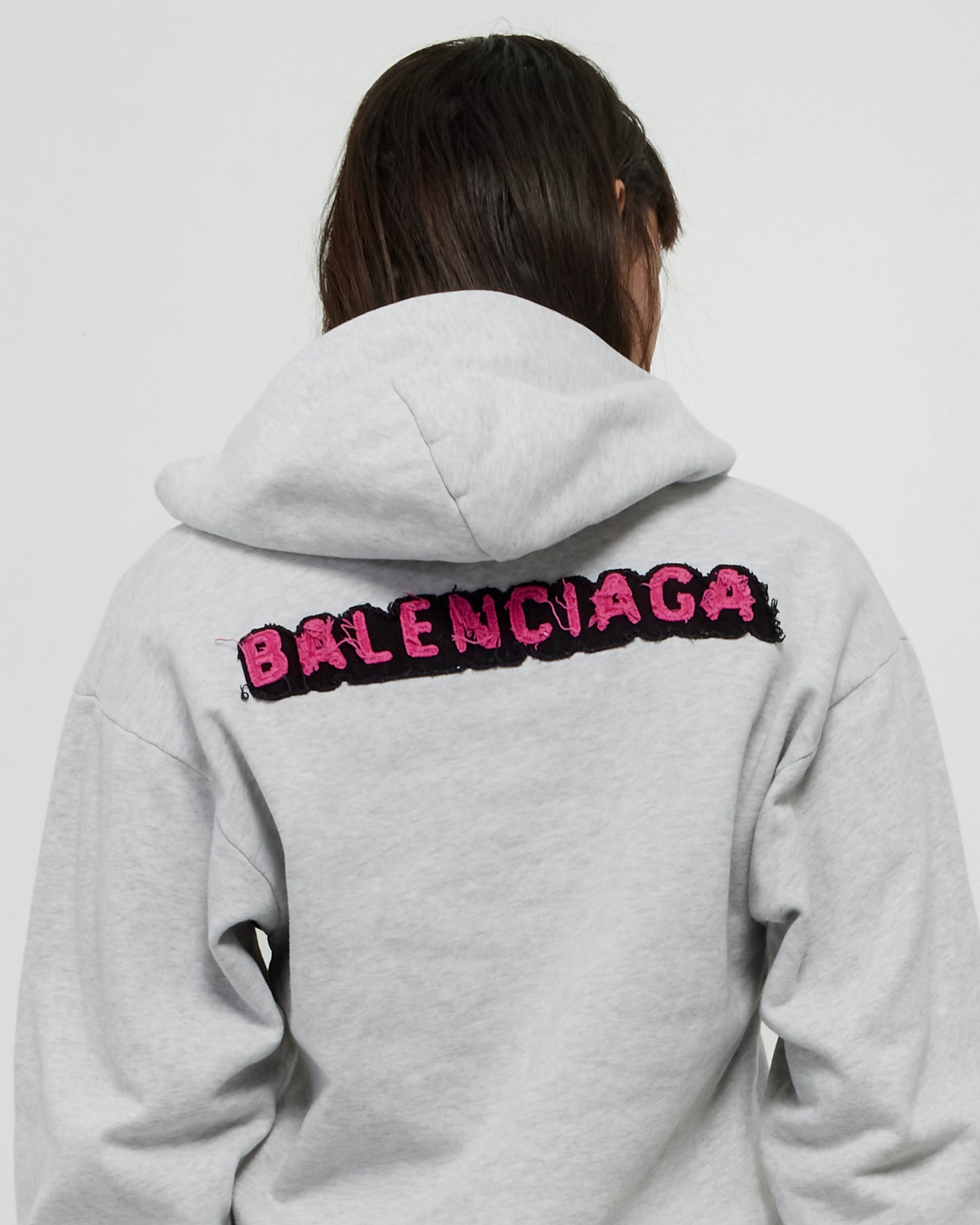 Balenciaga Grey Cotton Pink Logo Hoodie - 10Y