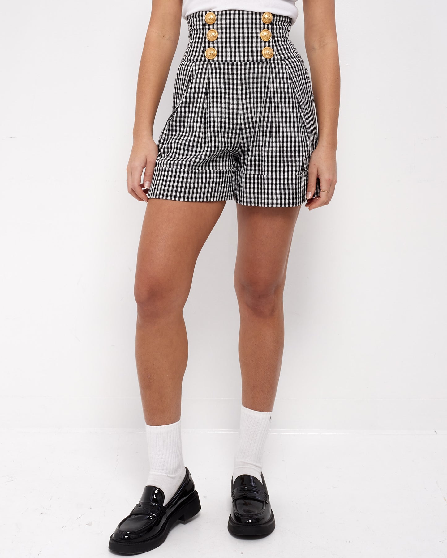 Balmain Black 
White Gingham 6 Button Shorts - 34