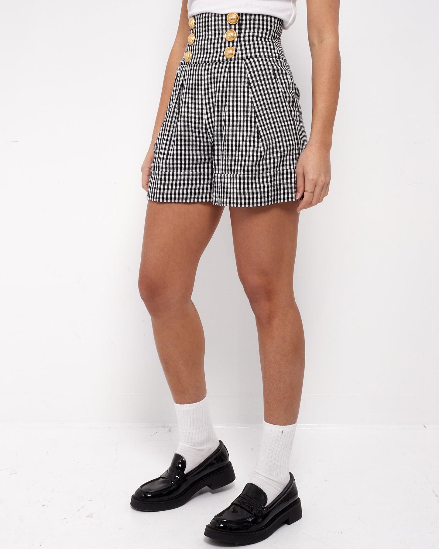 Balmain Black 
White Gingham 6 Button Shorts - 34