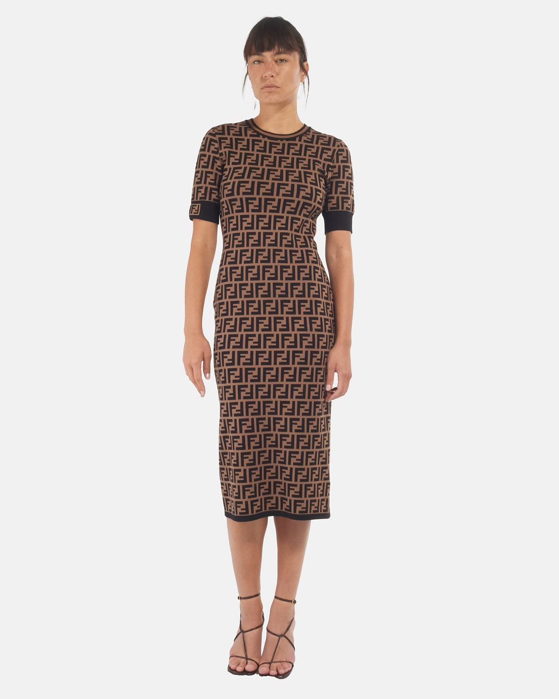 Fendi Brown Cotton Logo Jacquard Stretch Midi Dress - 42