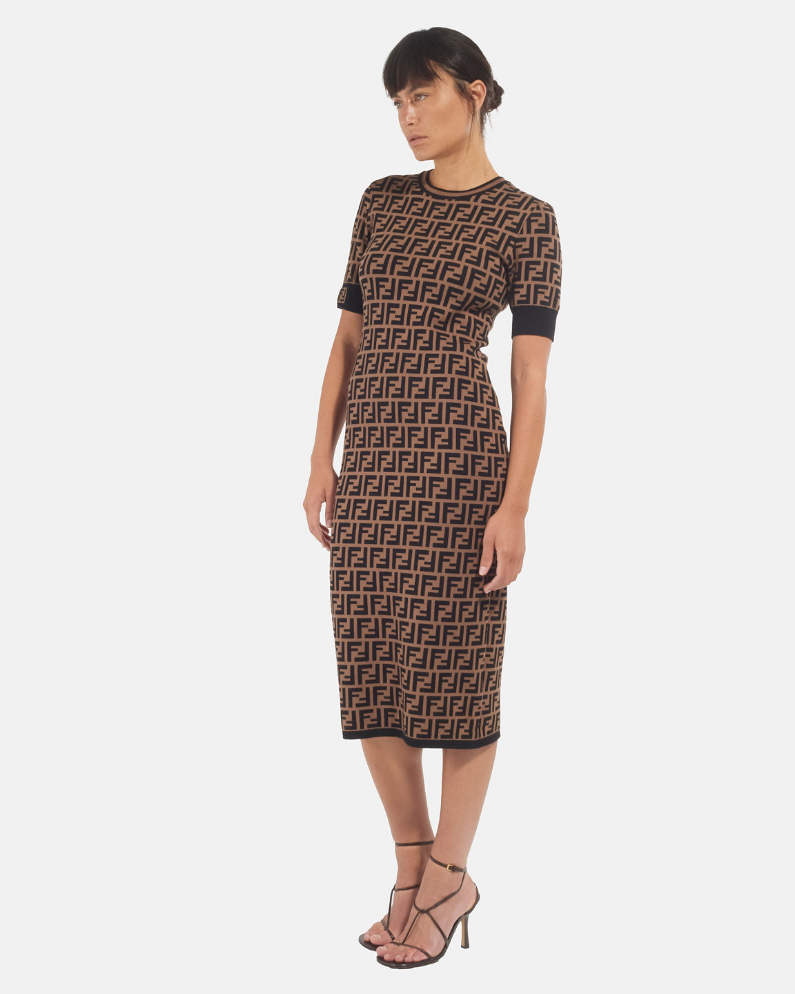 Fendi Brown Cotton Logo Jacquard Stretch Midi Dress - 42