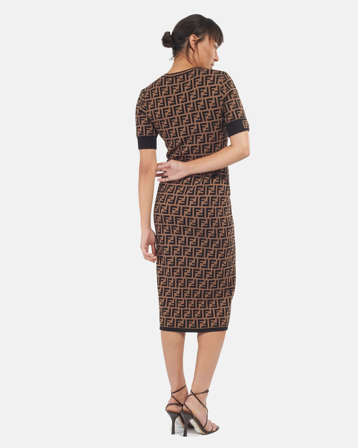 Fendi Brown Cotton Logo Jacquard Stretch Midi Dress - 42