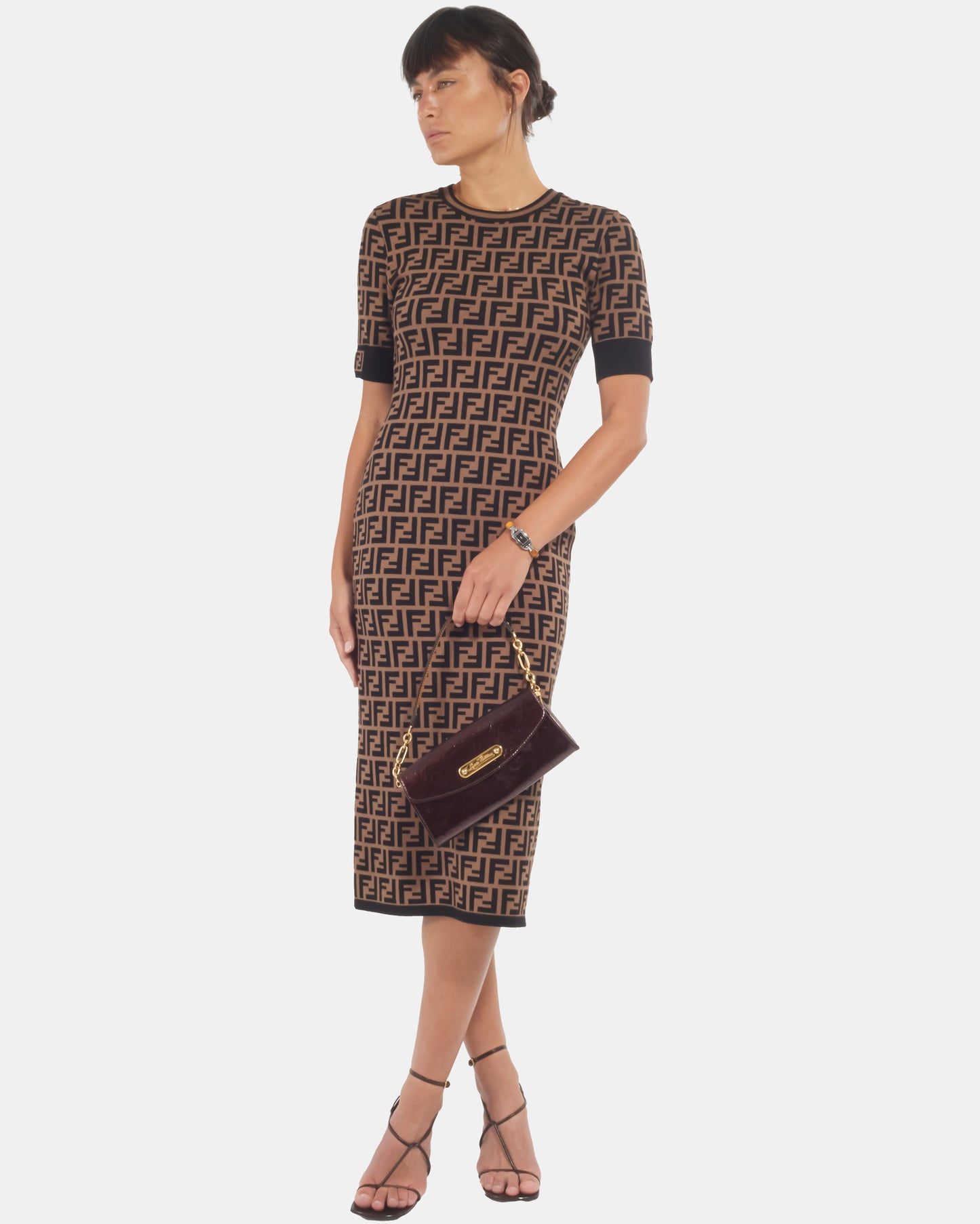 Fendi Brown Cotton Logo Jacquard Stretch Midi Dress - 42