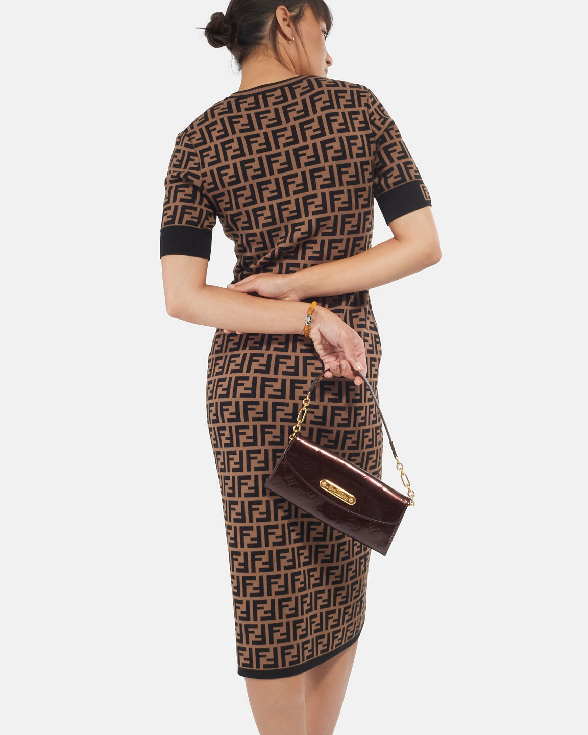 Fendi Brown Cotton Logo Jacquard Stretch Midi Dress - 42