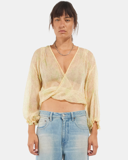 Chanel Yellow Silk CC Logo Wrap Top - 44