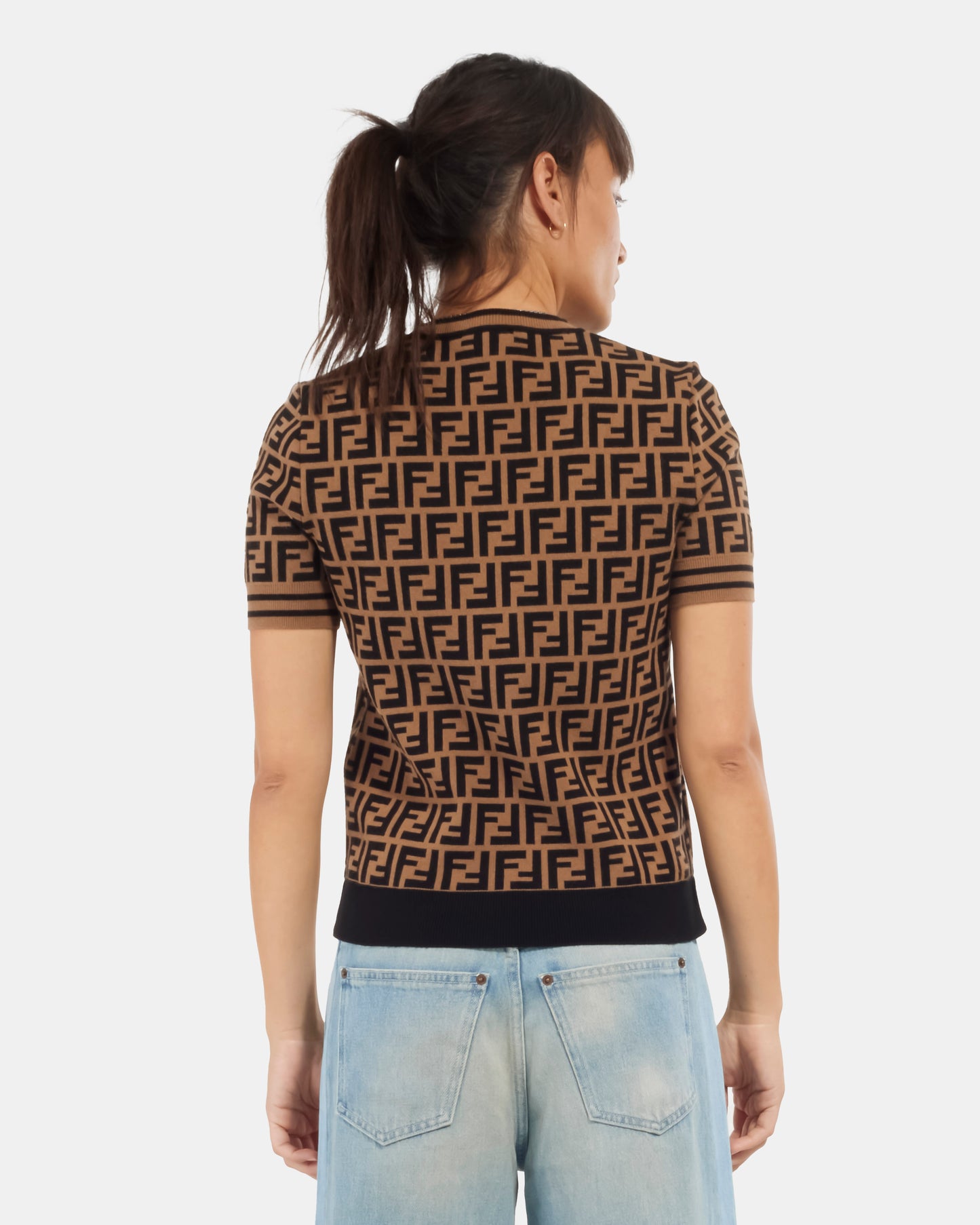 Fendi Brown Viscosa Logo Jacquard Short Sleeve Shirt - 40