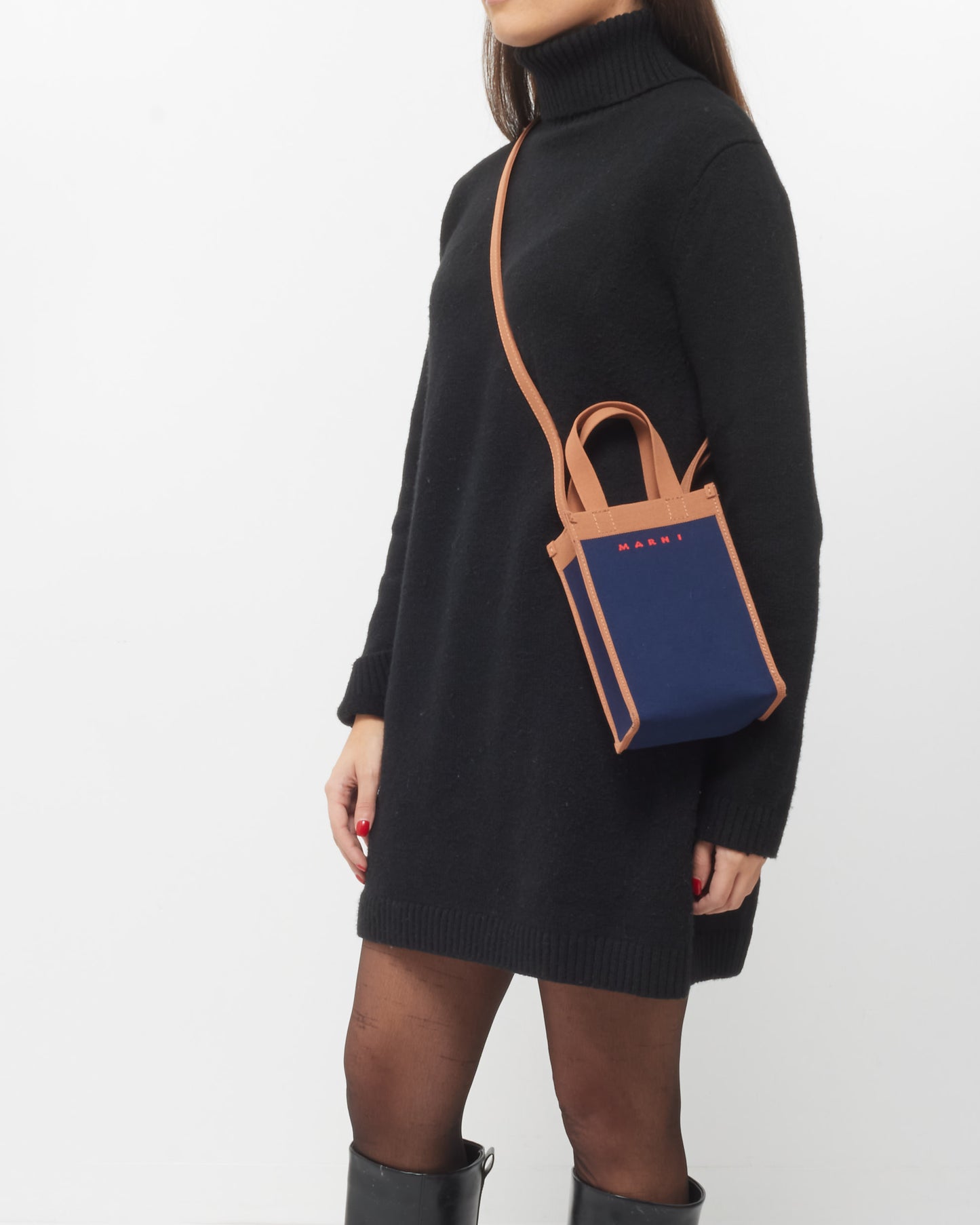 Marni Navy Blue 
Brown Canvas Museo Nano Crossbody Bag