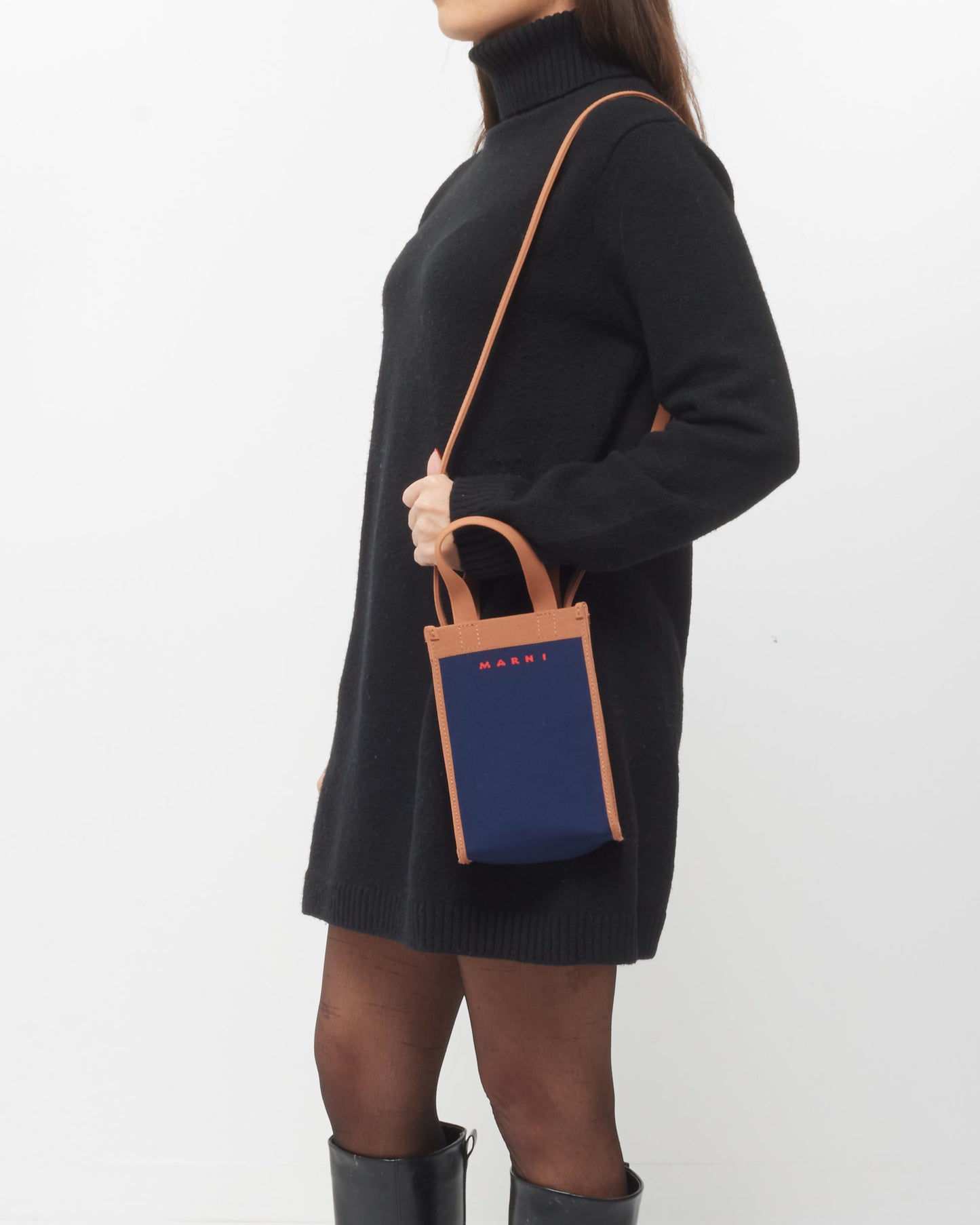 Marni Navy Blue 
Brown Canvas Museo Nano Crossbody Bag