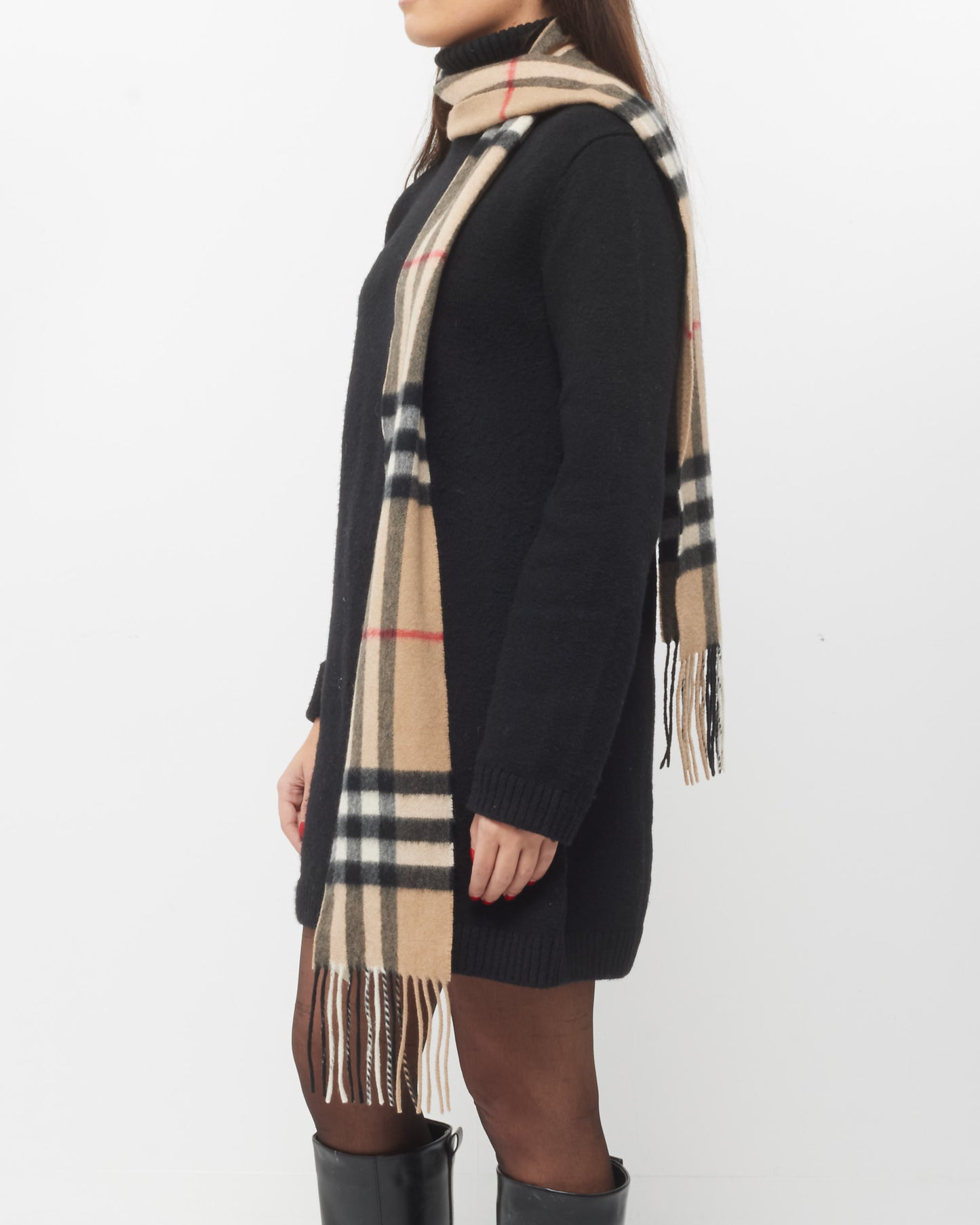 Burberry Beige Plaid Fringe Cashmere Scarf