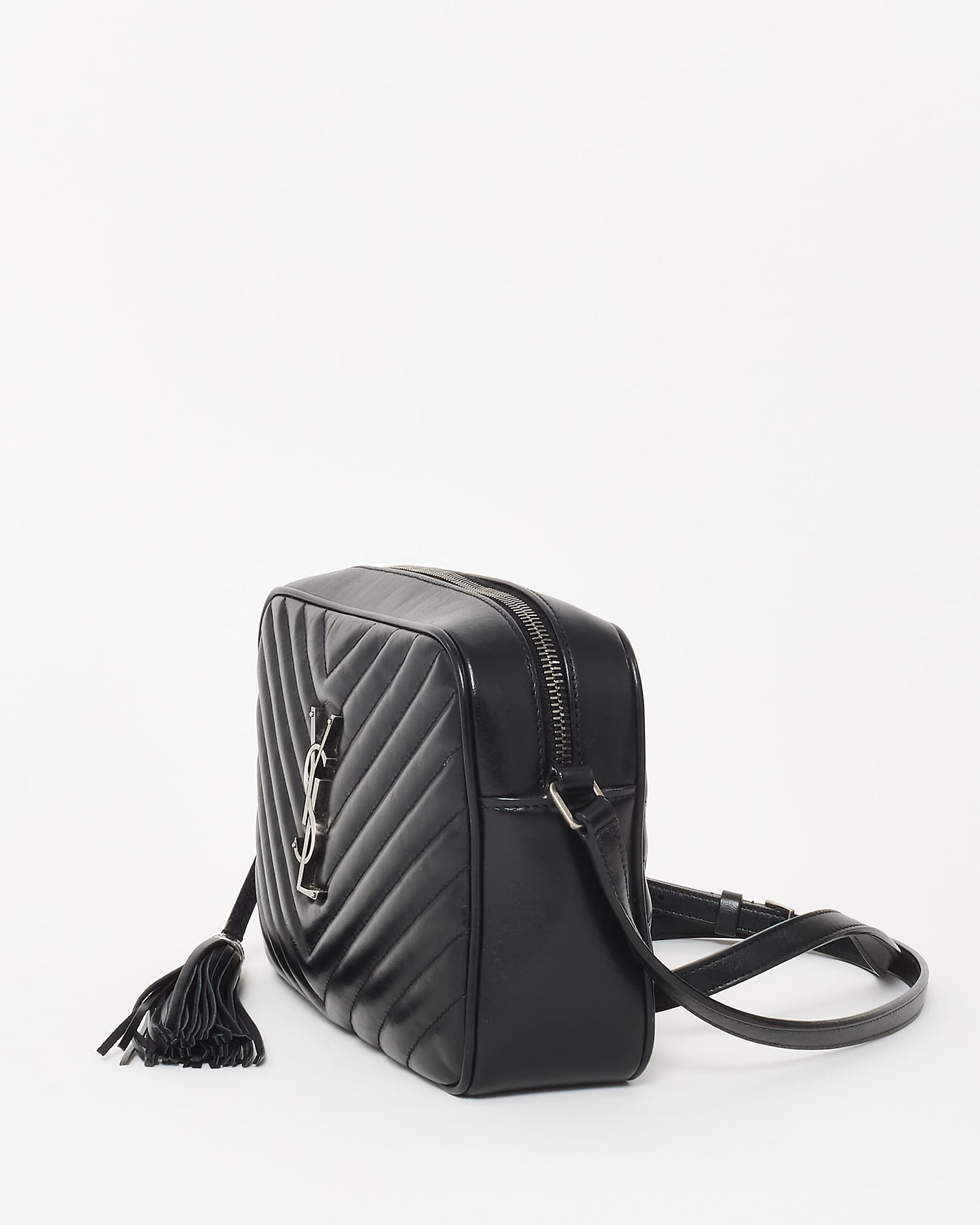 Saint Laurent Black Chevron Quilted Leather Lou SHW Camera Bag