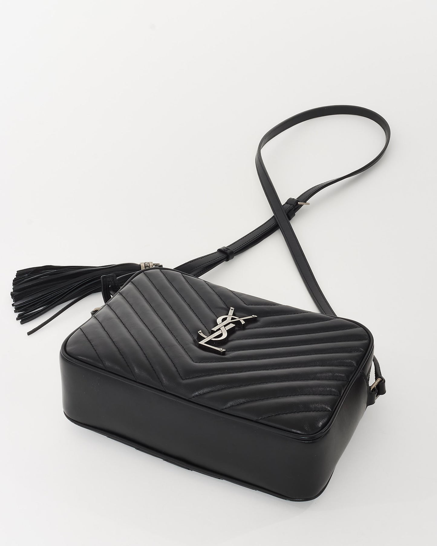 Saint Laurent Black Chevron Quilted Leather Lou SHW Camera Bag