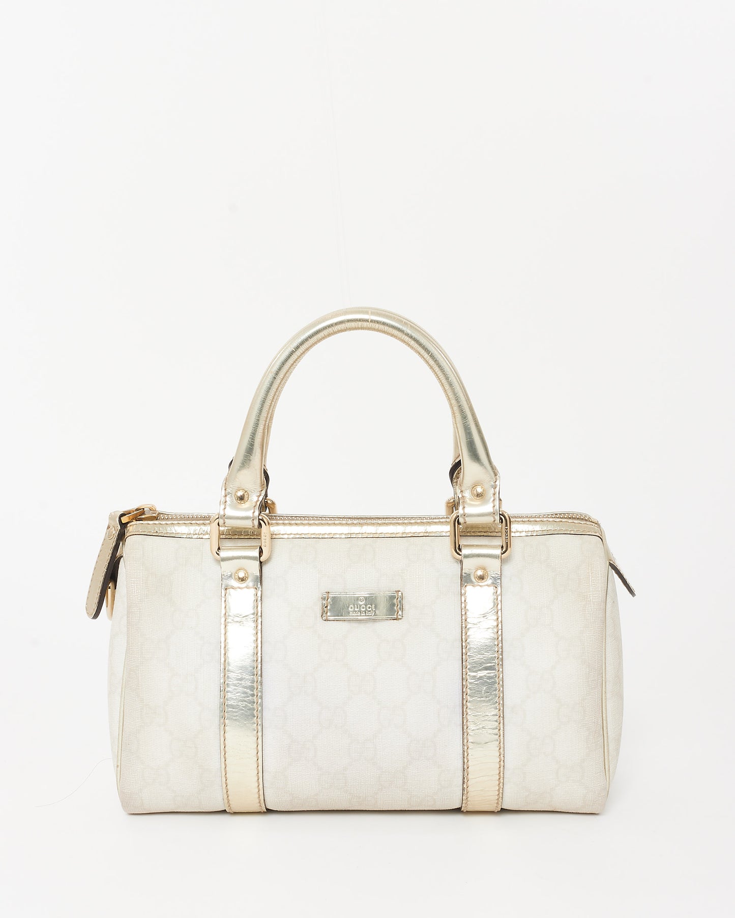 Gucci Beige 
Cream GG Supreme Canvas 
Gold Leather Mini Joy Boston Bag