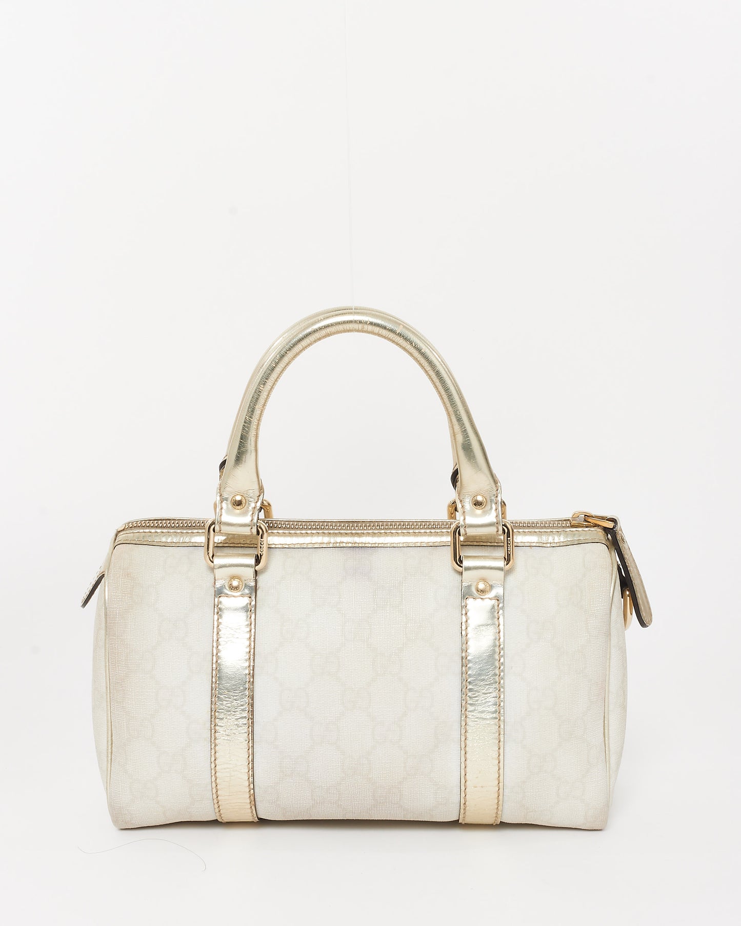 Gucci Beige 
Cream GG Supreme Canvas 
Gold Leather Mini Joy Boston Bag