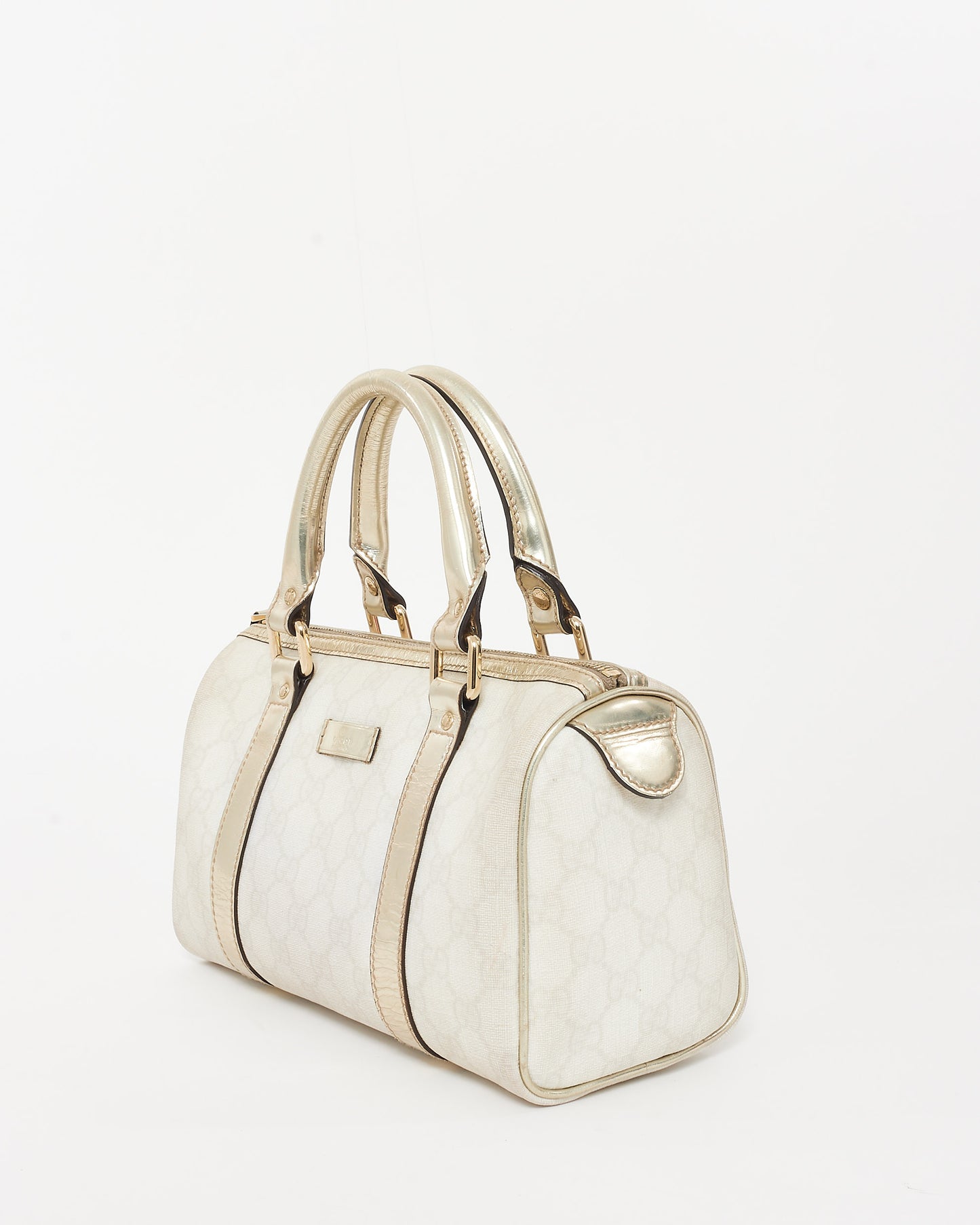 Gucci Beige 
Cream GG Supreme Canvas 
Gold Leather Mini Joy Boston Bag