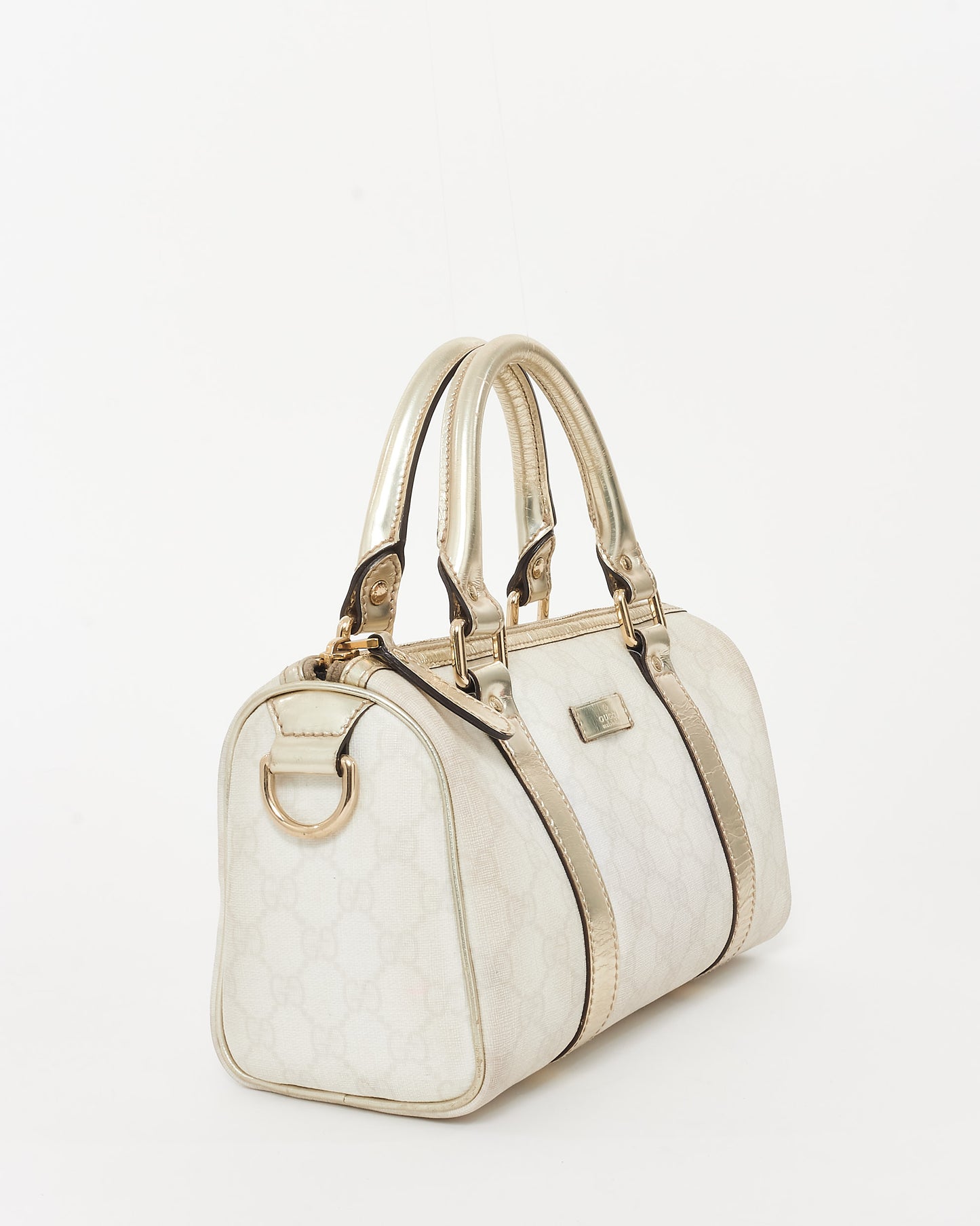 Gucci Beige 
Cream GG Supreme Canvas 
Gold Leather Mini Joy Boston Bag