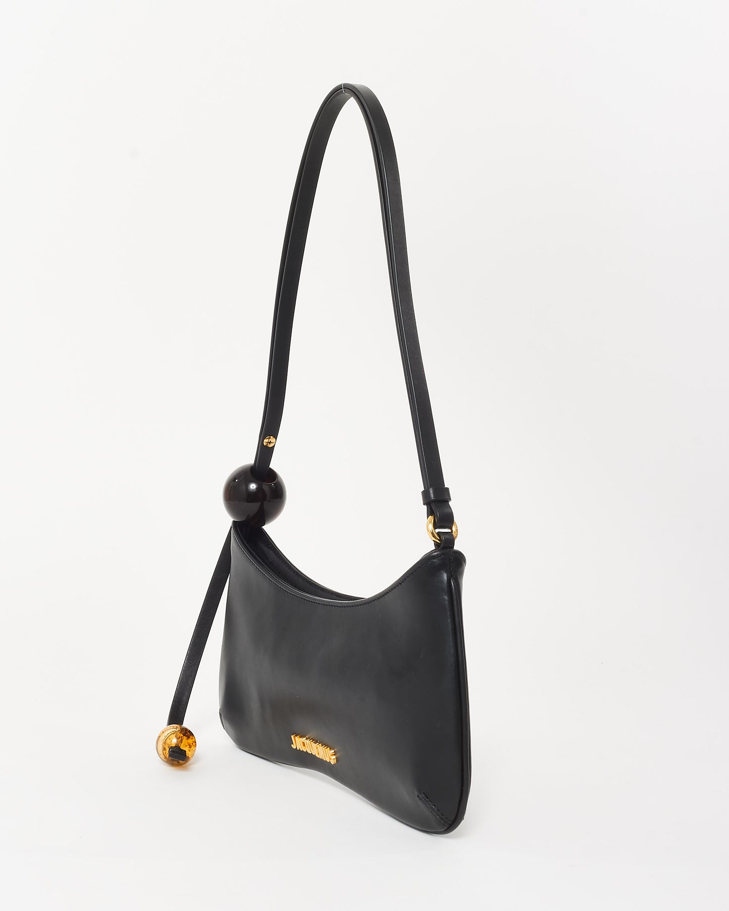 Jacquemus Black Leather "Le Bisou" Perle Beaded Shoulder Bag