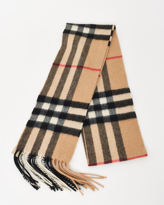 Burberry Beige Plaid Fringe Cashmere Scarf