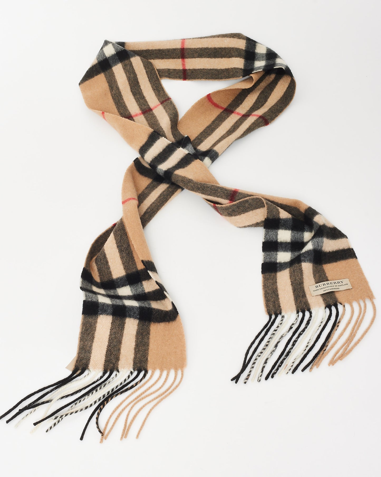 Burberry Beige Plaid Fringe Cashmere Scarf