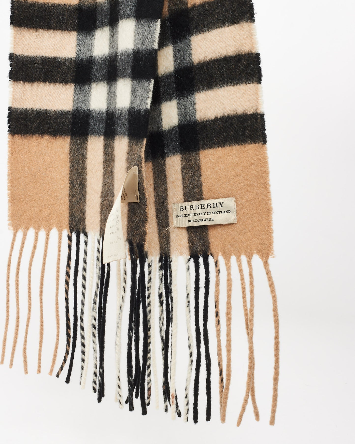 Burberry Beige Plaid Fringe Cashmere Scarf