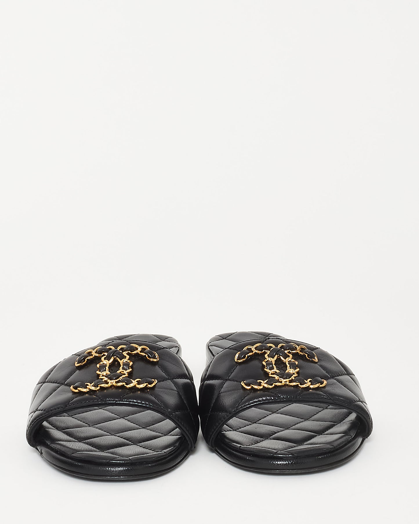 Chanel Black Quilted Leather 
Chain CC 19 Logo Slides - 35