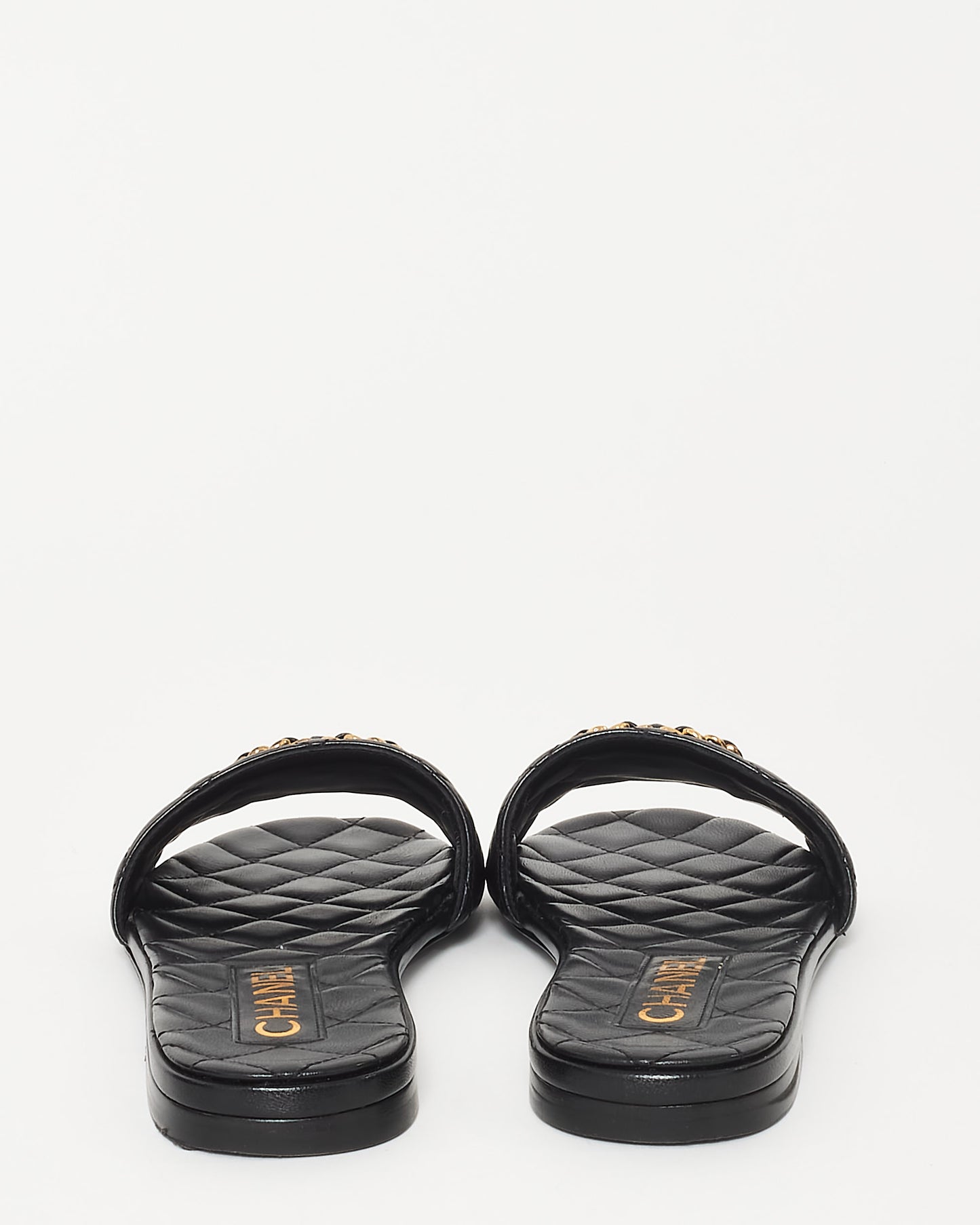 Chanel Black Quilted Leather 
Chain CC 19 Logo Slides - 35