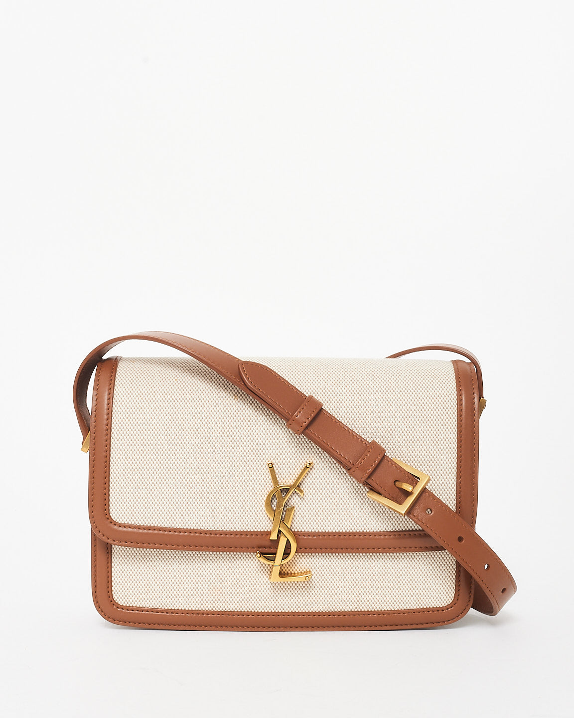 Saint Laurent Beige Canvas 
Brown Leather Trim Logo Solferino Bag