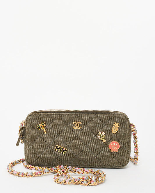 Chanel Army Green Canvas Paris-Cuba Double Zip Clutch Crossbody Chain Bag