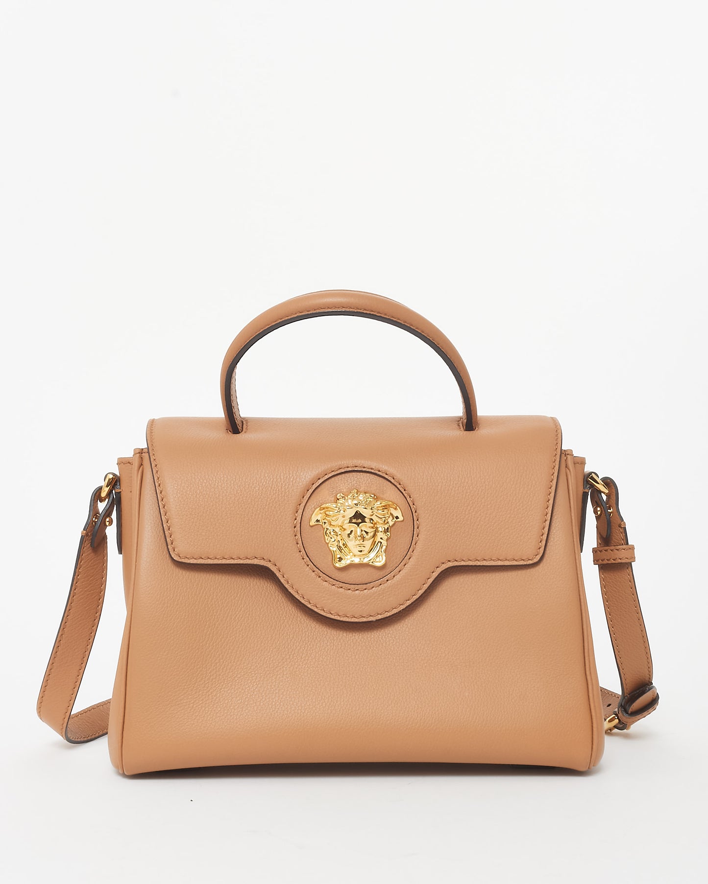 Versace Tan Leather La Medusa Medium Top Handle Bag