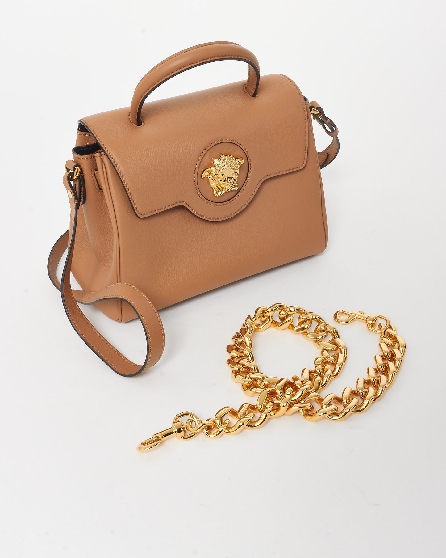 Versace Tan Leather La Medusa Medium Top Handle Bag