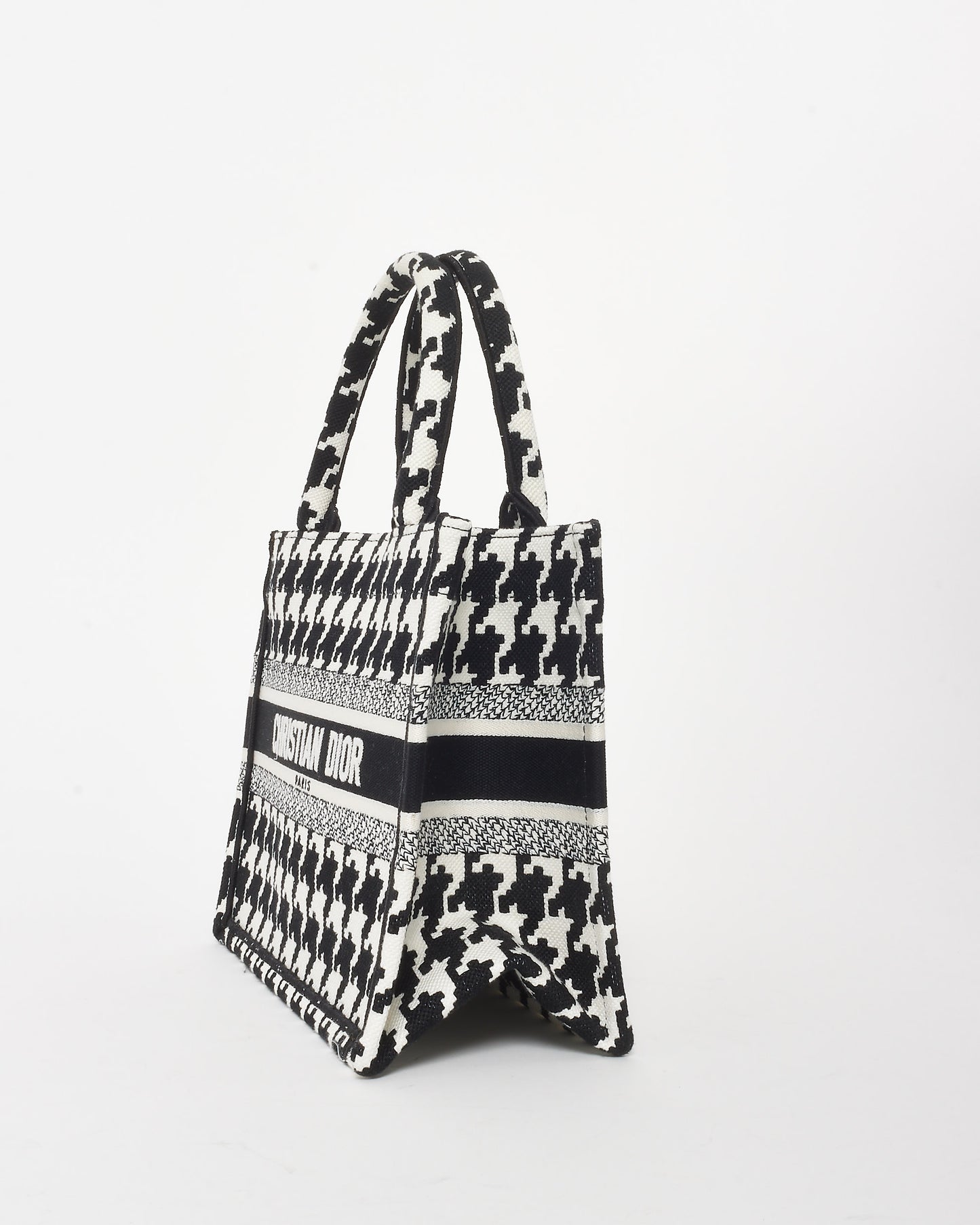 Dior Black 
White Houndstooth Canvas Mini Book Tote Bag