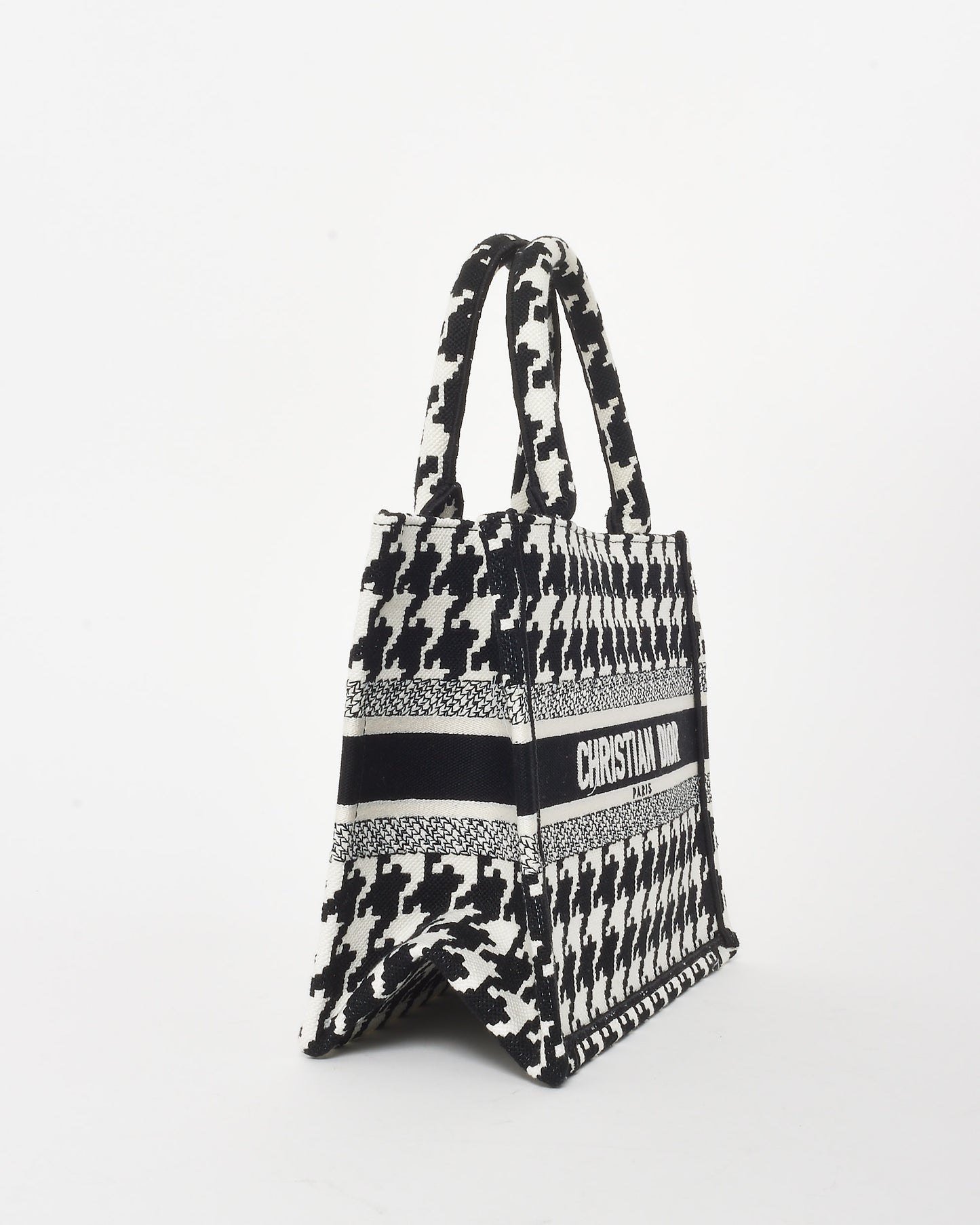 Dior Black 
White Houndstooth Canvas Mini Book Tote Bag