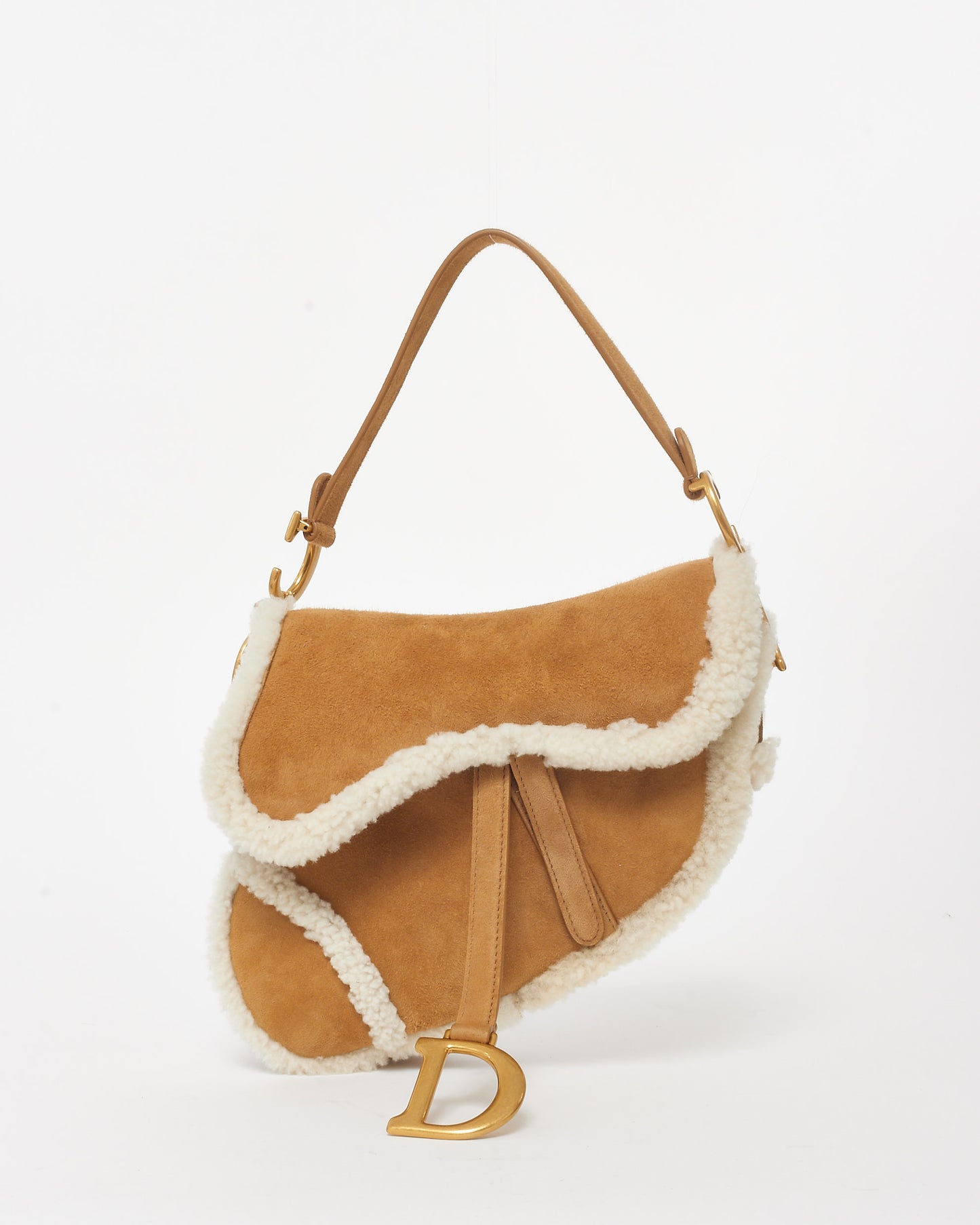 Dior Camel Brown Suede 
Shearling Saddle Bag W/ Logo Embroidered Strap