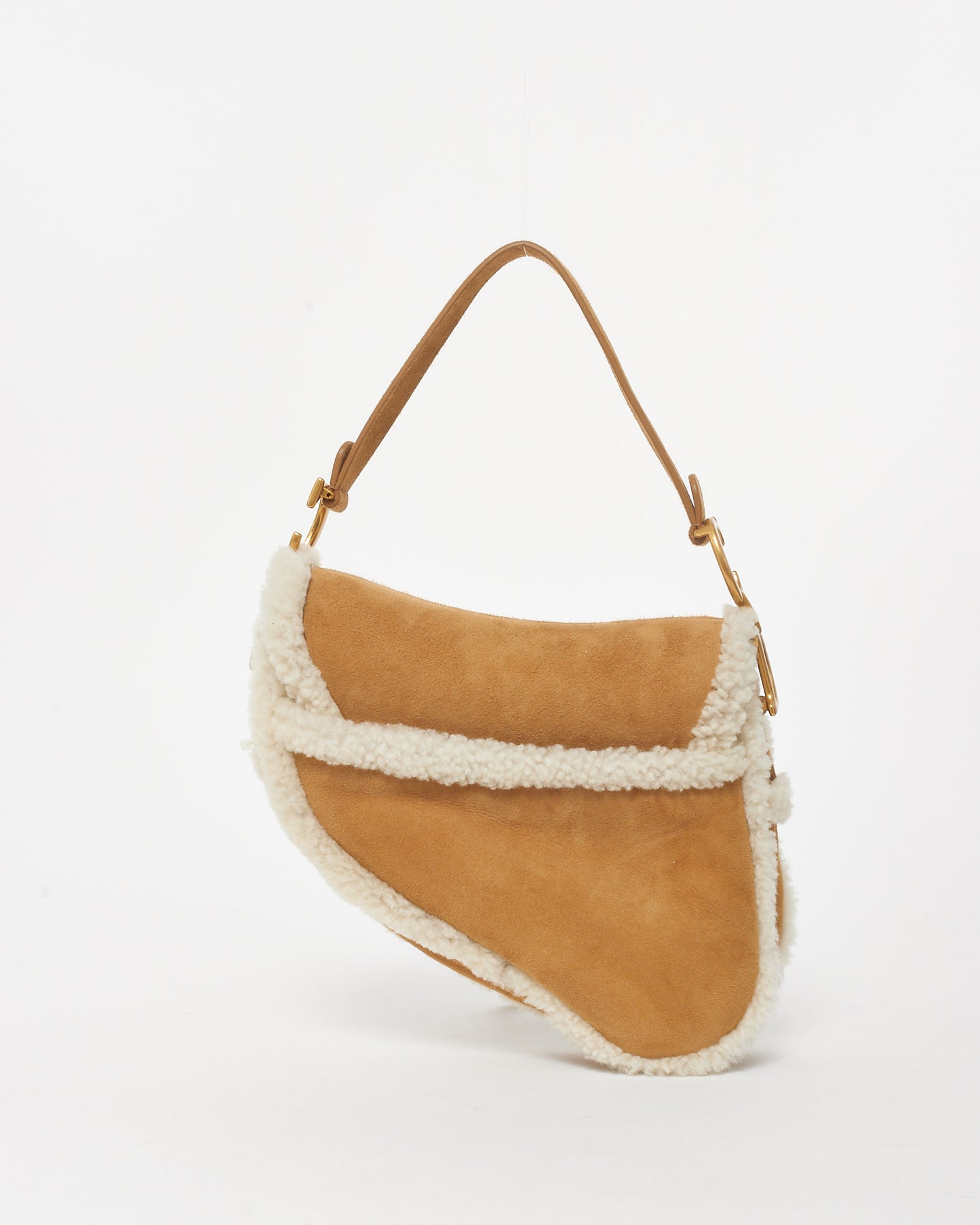 Dior Camel Brown Suede 
Shearling Saddle Bag W/ Logo Embroidered Strap