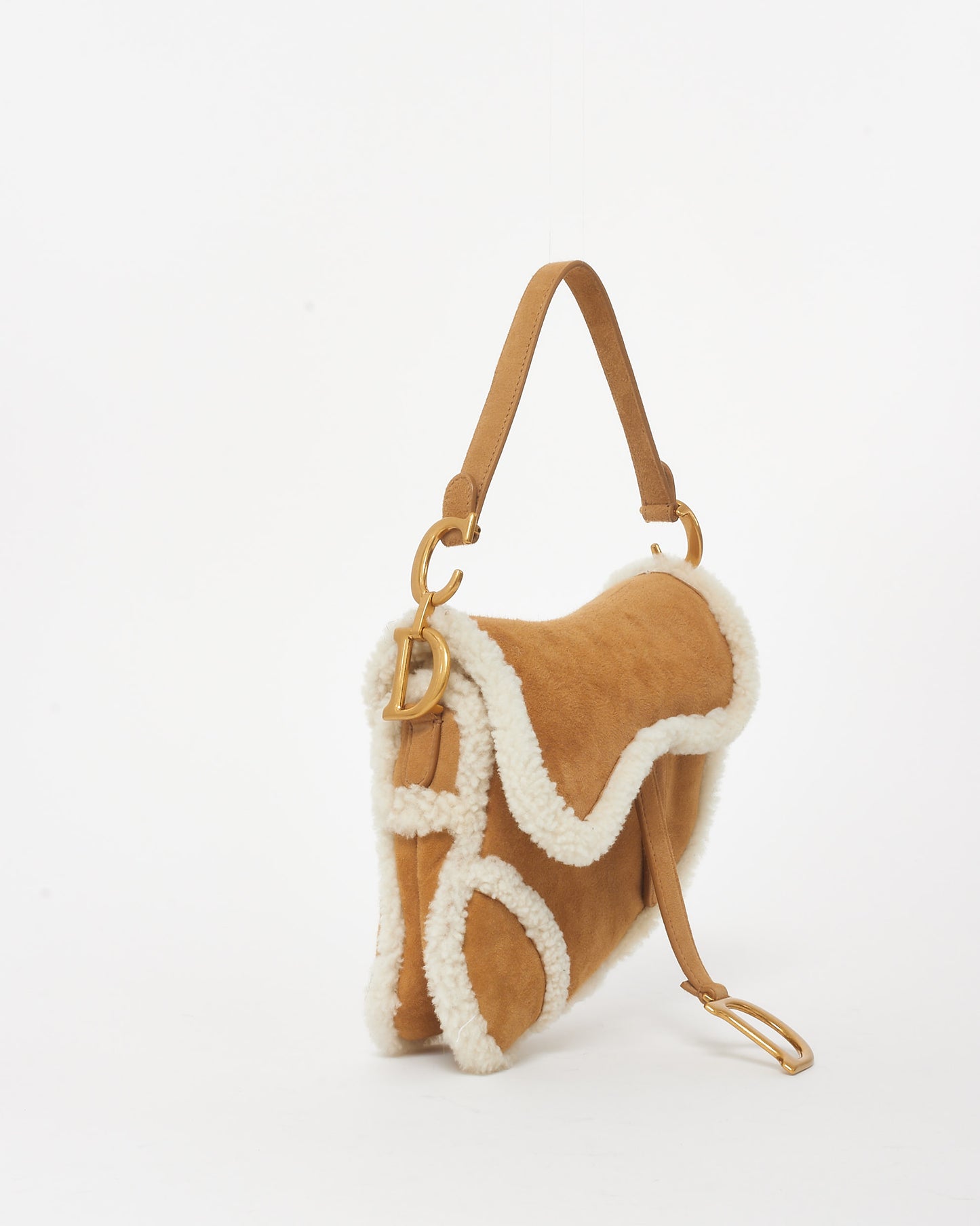 Dior Camel Brown Suede 
Shearling Saddle Bag W/ Logo Embroidered Strap